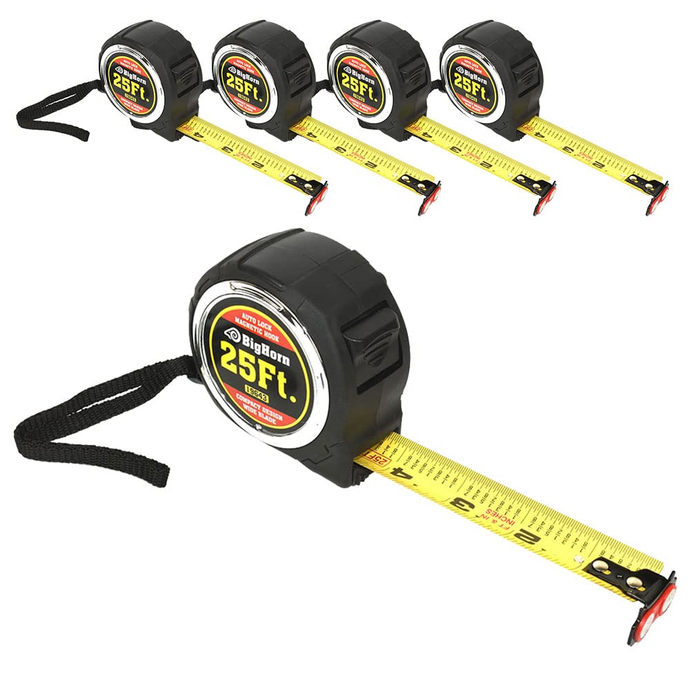 Big Horn 19643-5Pk 25 Ft. Compact Auto Lock Tape Measure with Magnetic Hook - Pack of 5 | Heavy Duty Measuring Tool for Construction, Carpentry, DIY Projects & Home Improvement
