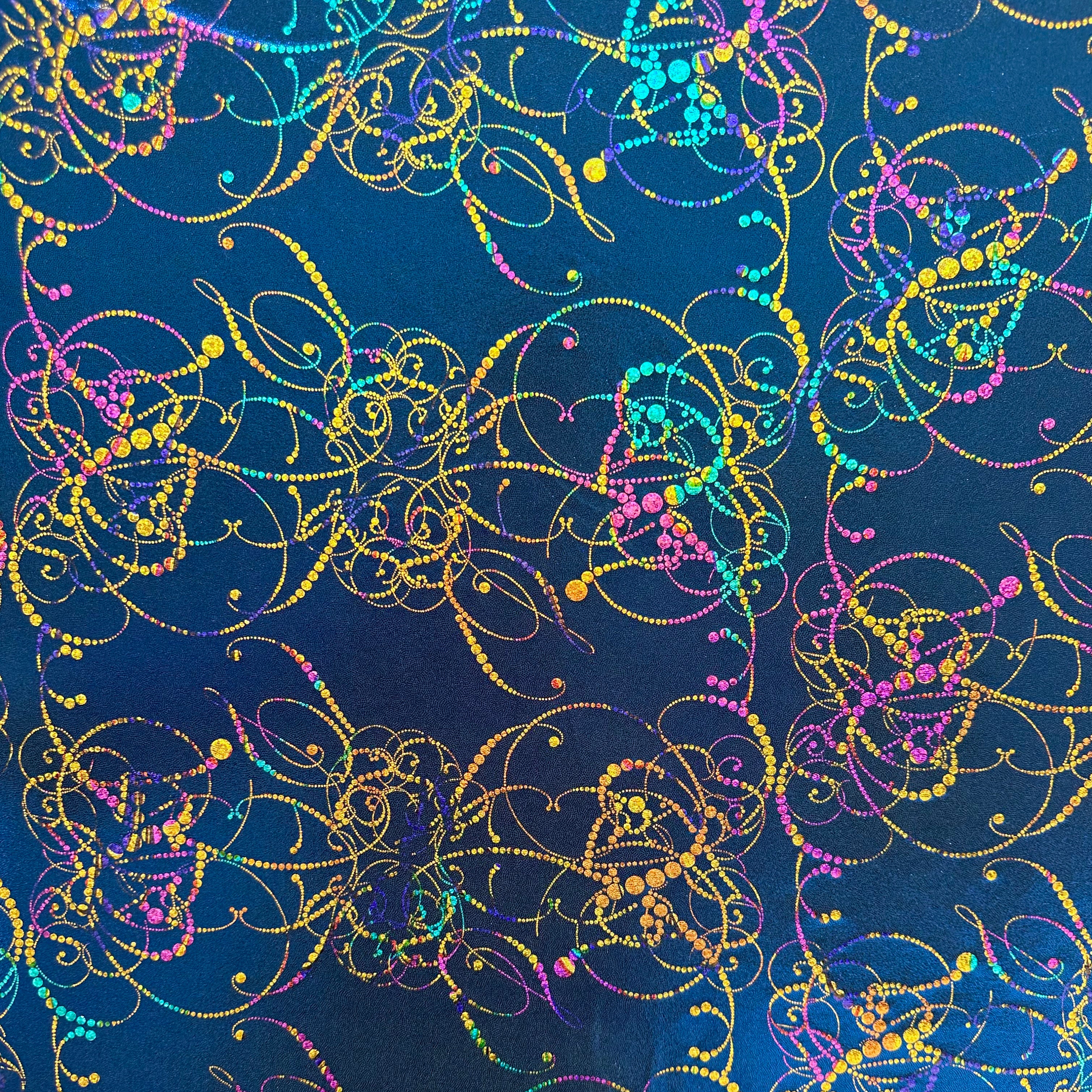 Hologram Fog Foil Spandex Fabric - Parisian Marine Print - Stretchy Metallic Textile for Dance Costumes, Swimwear & Fashion Apparel