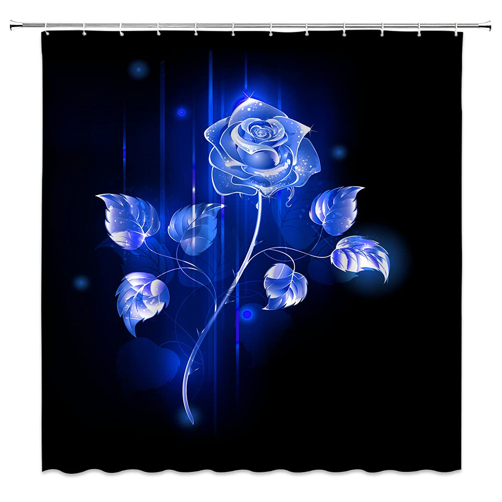 Xegobzz Rose Shower Curtain - Blooming Abstract Blue Rose Design on Black Background, 86x70 Inch Polyester Fabric Bathroom Decor with Hook Holes | Waterproof & Mold Resistant for Elegant Bathroom & Guest Room Decor