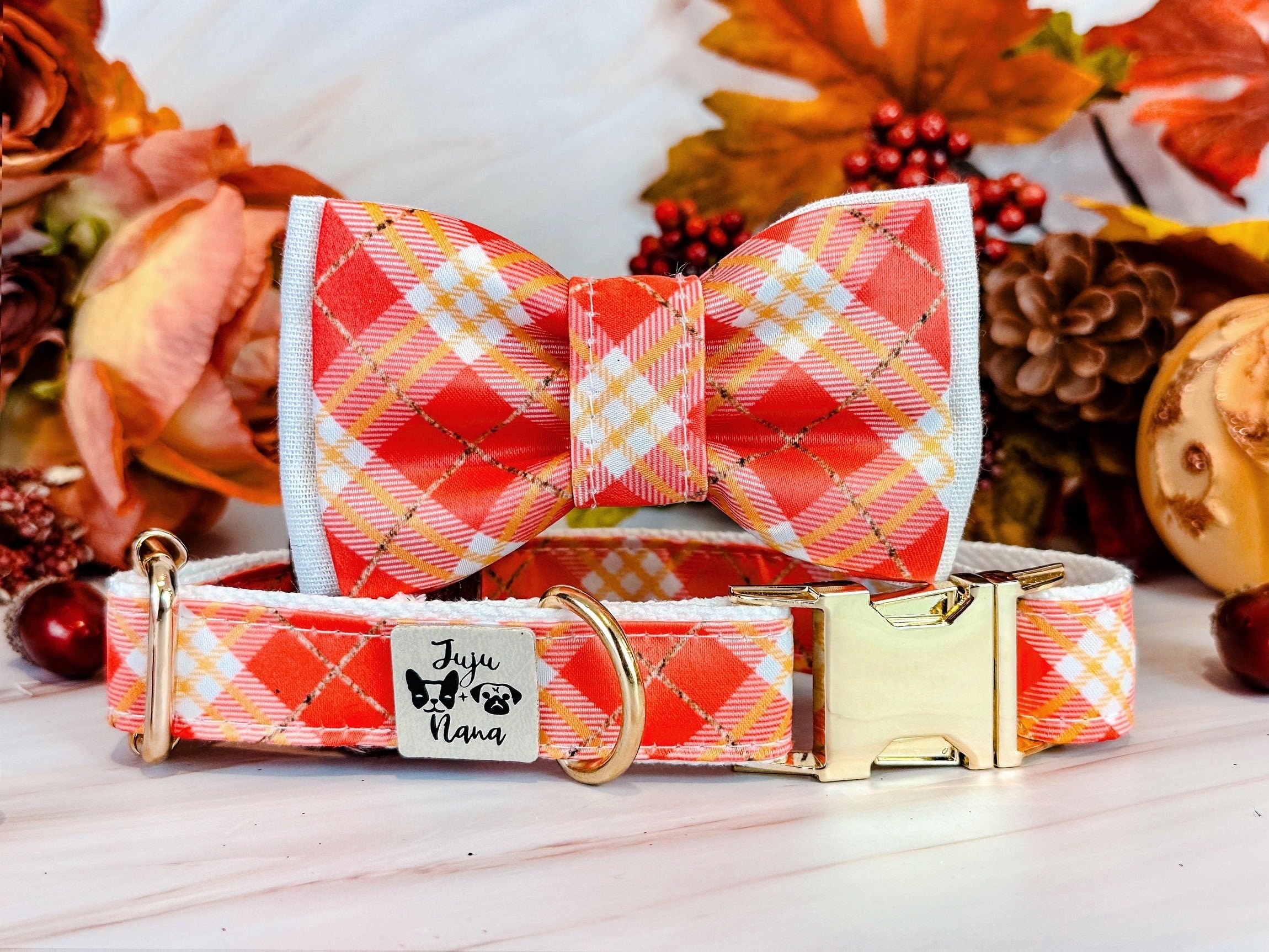 Stylish Fall Plaid Dog Collar Bow Tie for Autumn - Adjustable Pet Fashion Accessory for Small & Large Dogs - Perfect for Halloween, Thanksgiving & Outdoor Adventures