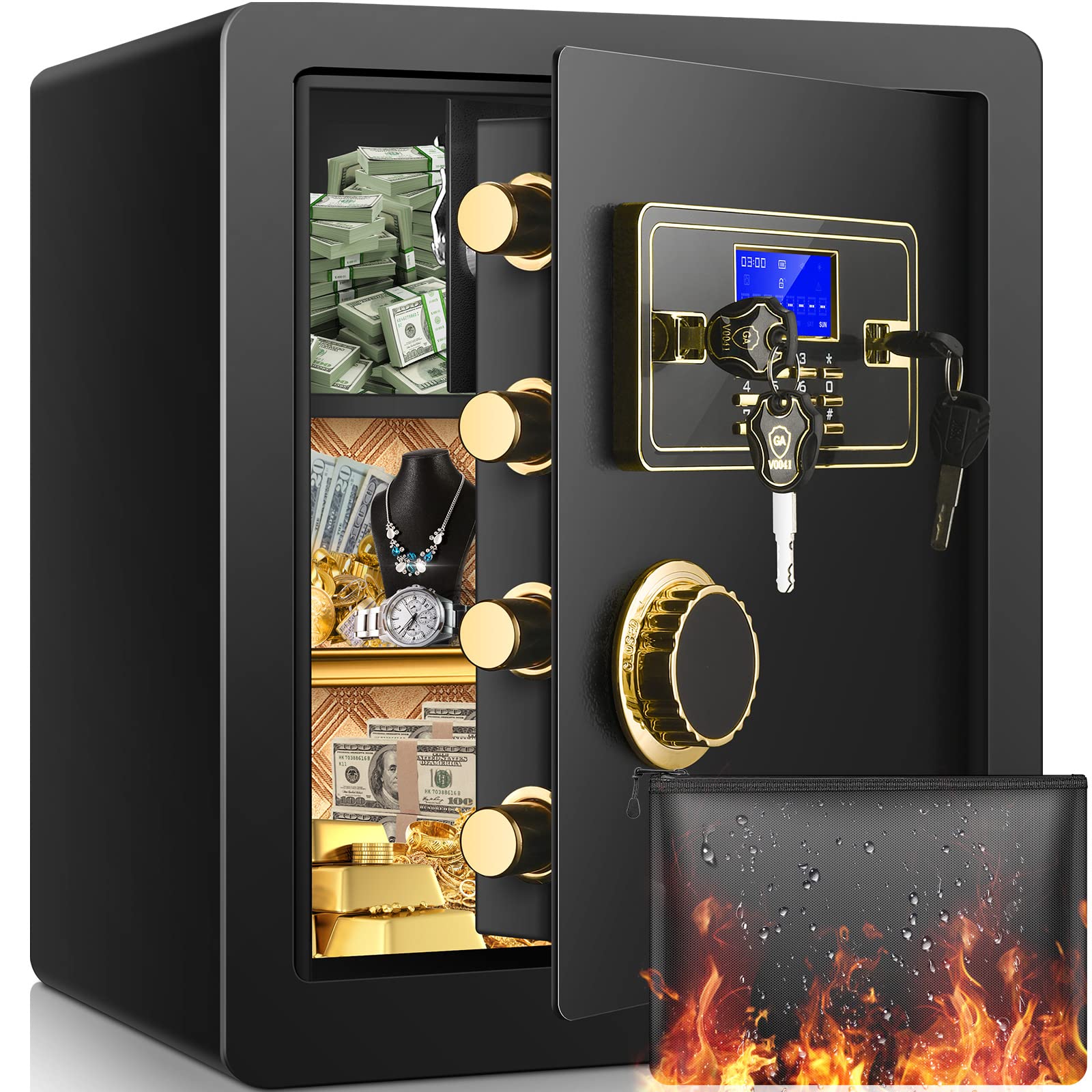 2.2 Cubic Fireproof Waterproof Safe Box - Digital Combination & Electronic Keypad Security Safe for Home, Cash, Jewelry, Guns & Important Documents - Ideal for Bedroom, Office & Travel Use