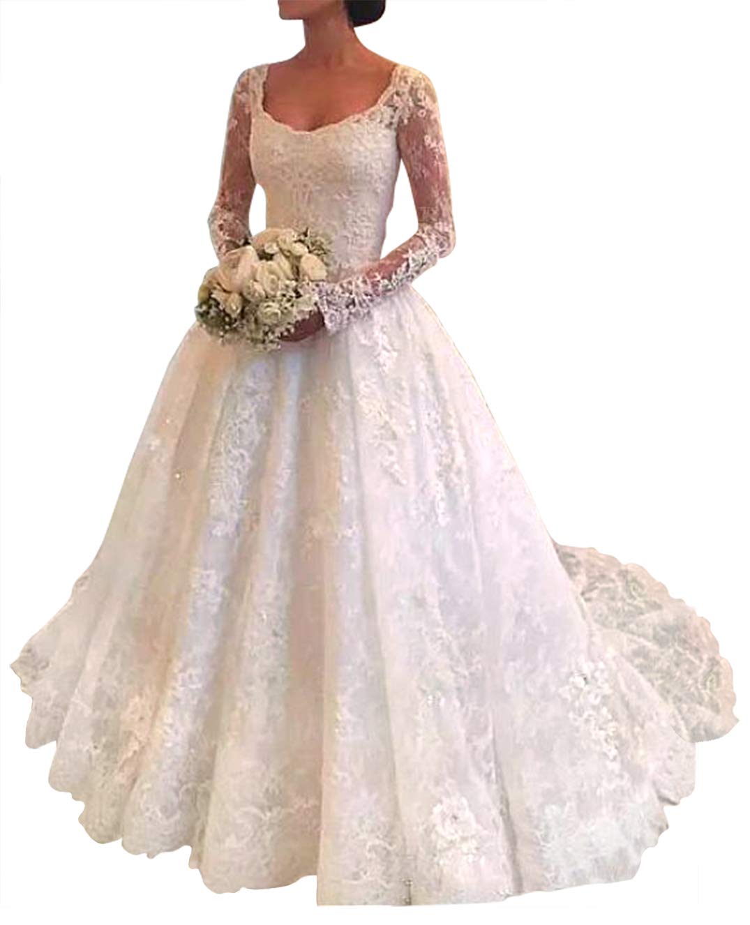 Elegant Lace Wedding Dresses with Scoop Neckline & Long Sleeves - Perfect for Church Ceremonies, Formal Weddings & Bridal Portraits