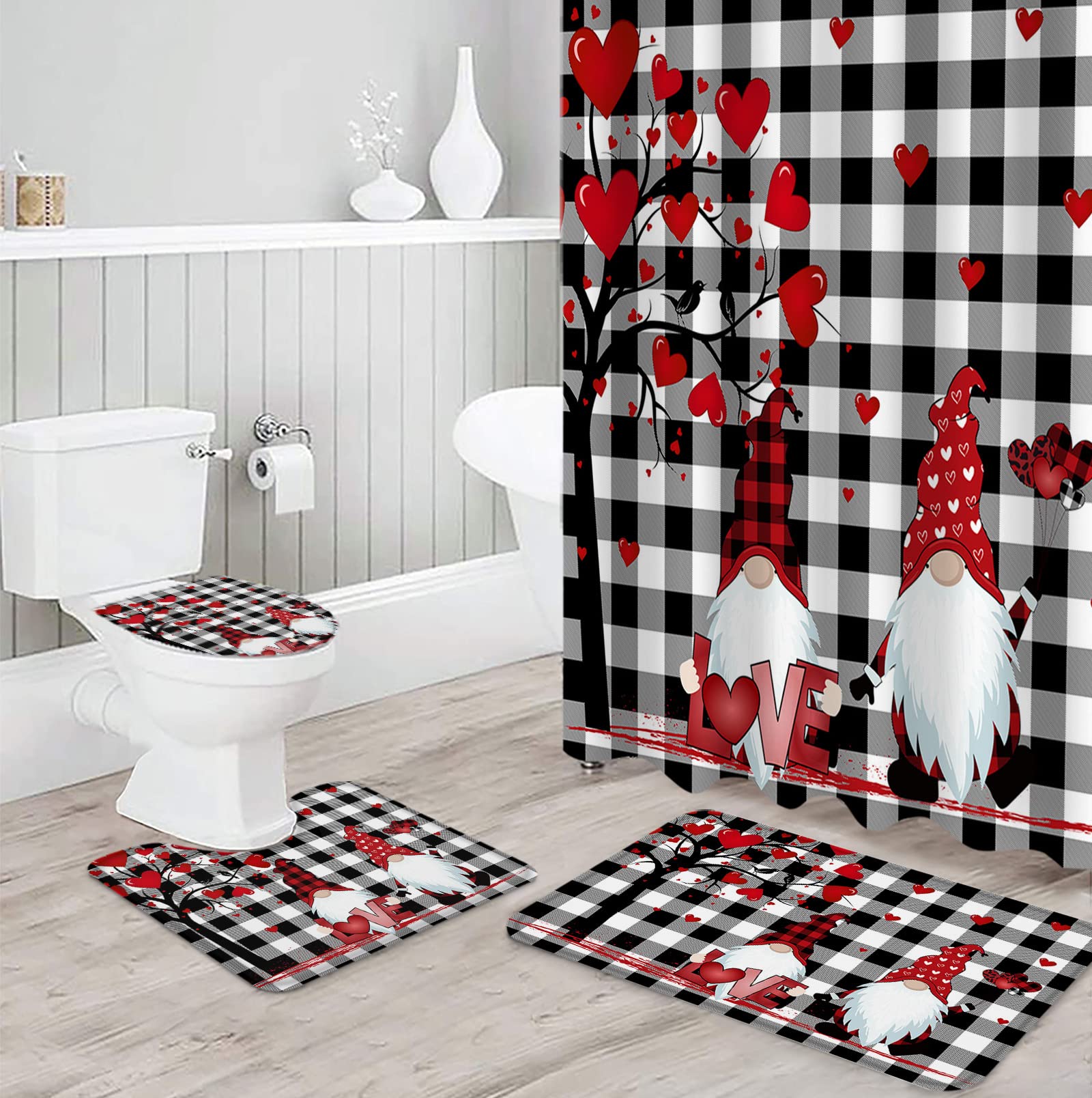 4-Piece Valentine's Day Shower Curtain Set - Waterproof Bathroom Curtain with Love Heart Tree Gnome Design, Non-Slip Floor Mats, Toilet Lid Cover & U-Shape Carpet - Buffalo Black White Plaid for Cozy Bathroom Decor