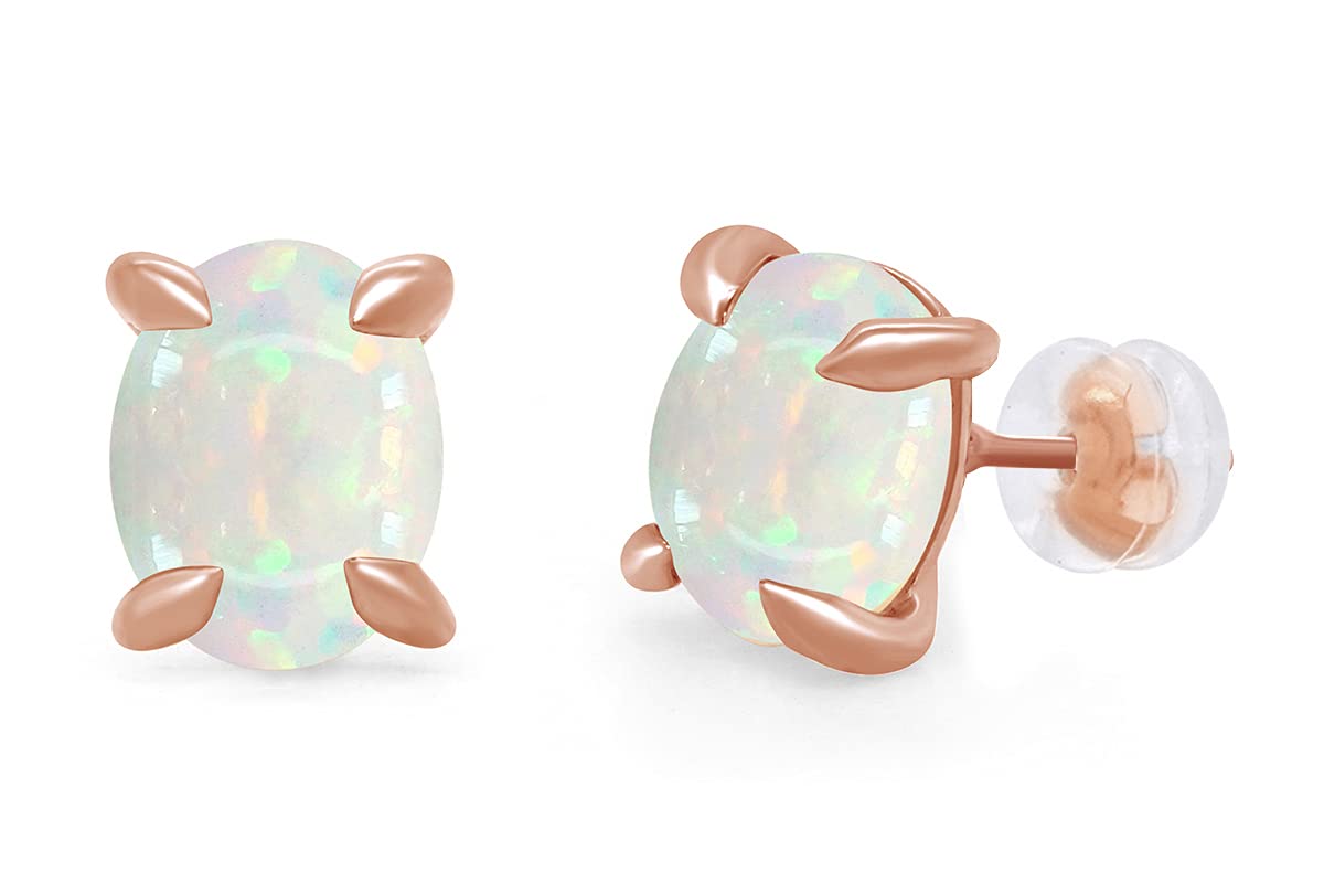 GEMVIO 4-Prong Oval Cut 9X7MM Natural Opal Gemstone Stud Earrings in 10K/14K/18K Solid Gold - Women's Jewelry Gift (2.60Cttw) - Perfect for Weddings, Anniversaries & Special Occasions
