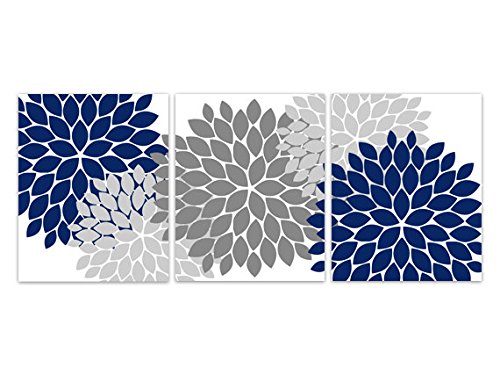 Navy Blue and Grey Floral Burst Wall Art - Modern Home Decor for Living Room, Bedroom & Office - Canvas Print Wall Décor - Perfect Gift Idea
