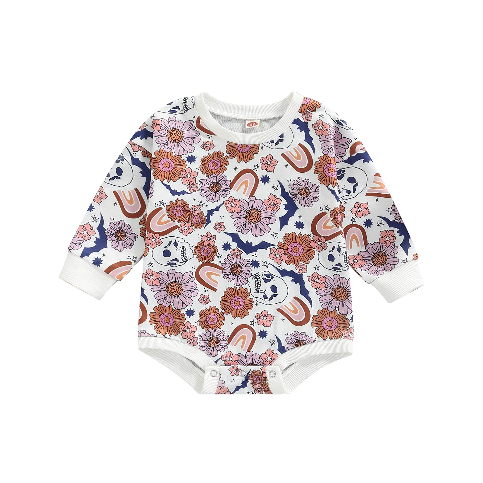 Blotona Newborn Baby Girl Halloween Romper - Pumpkin Skull Print Long Sleeve Bodysuit Jumpsuit Floral One-Piece Outfit for Fall Photoshoots & Trick-or-Treating