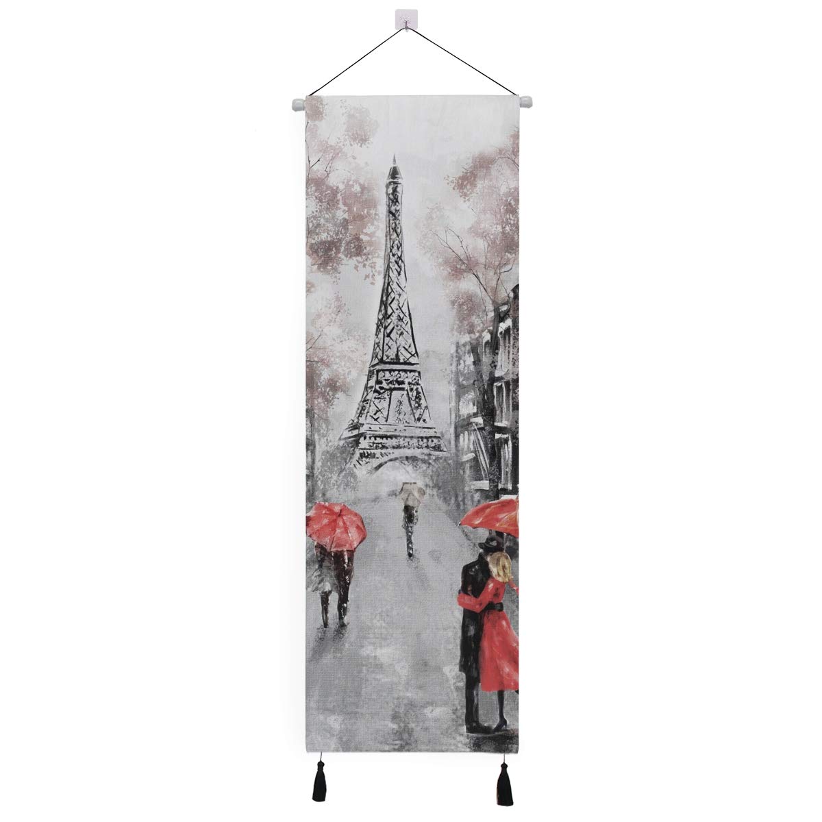 Paris Eiffel Tower Oil Painting - European Landscape Art with Couple Kissing Under Red Umbrella - 13x47 Inch Canvas Wall Art Print - Romantic Home Decor for Bedroom, Living Room & Office - Perfect Gift for Anniversaries & Weddings