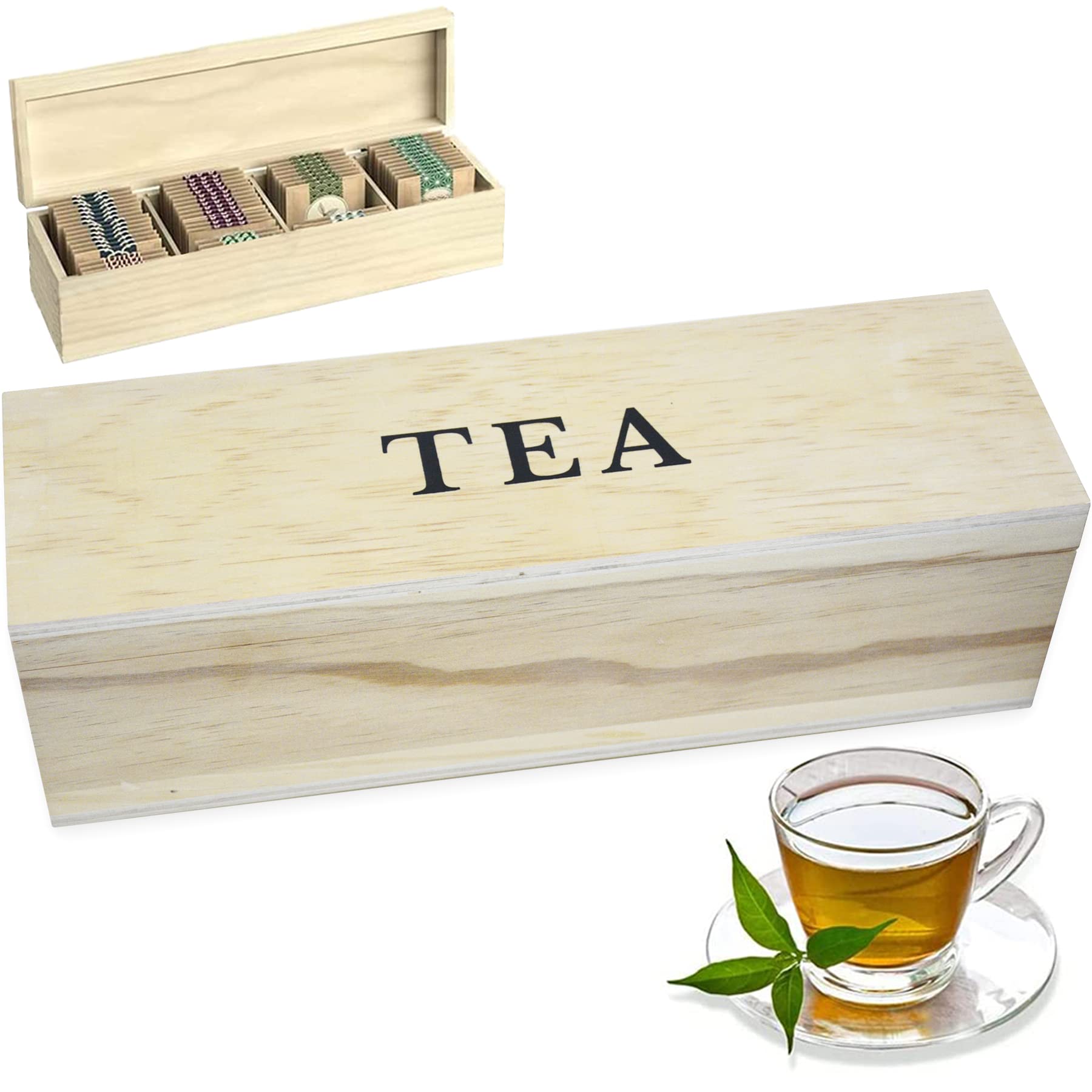 Zen Earth Inspired Natural Pine Tea Storage Chest - Handmade Wooden Kitchen Organizer Box with Adjustable Dividers | Decorative Tea Caddy for Organizing & Displaying Loose Leaf & Tea Bags | Perfect for Tea Lovers, Home Decor & Gift Giving
