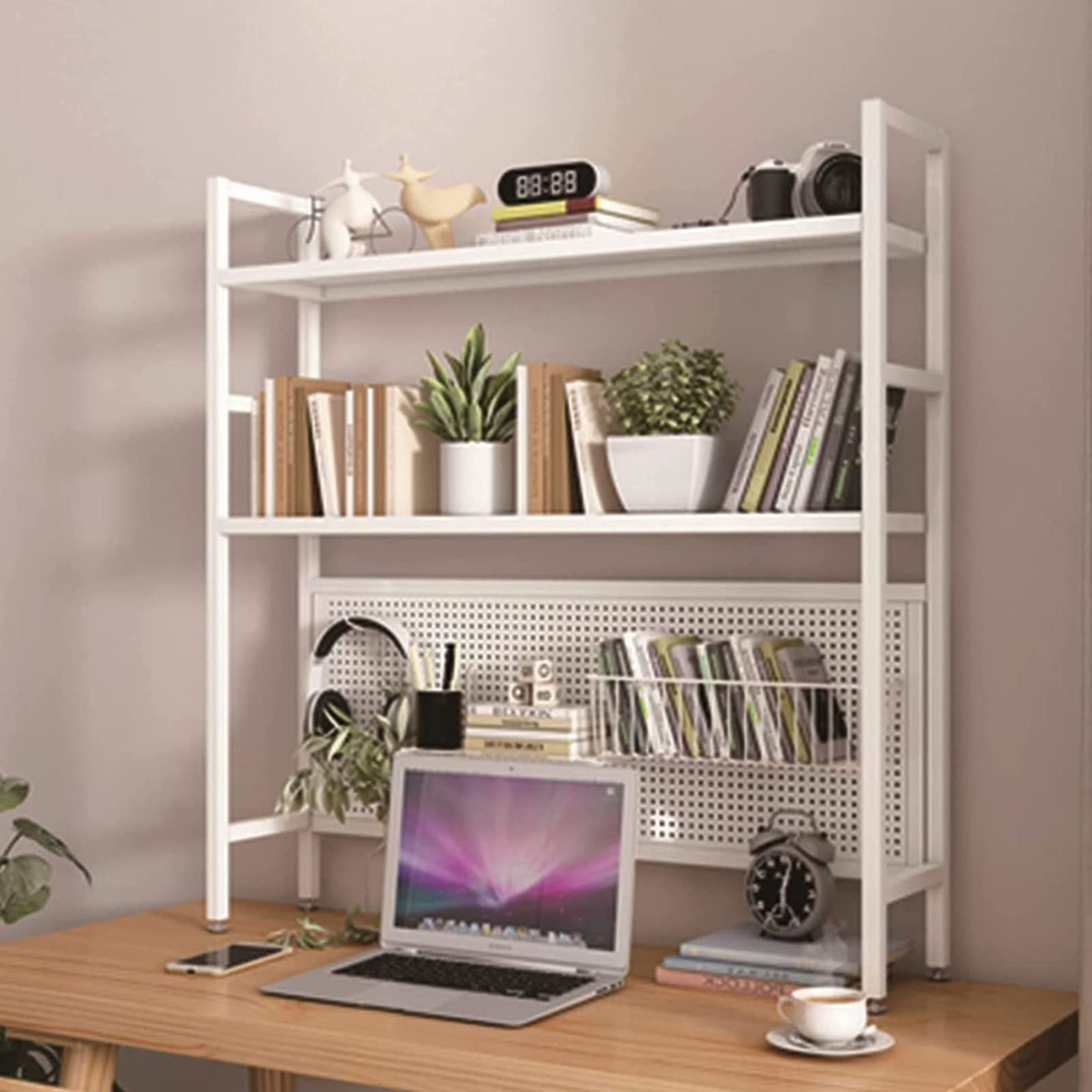2-Tier Industrial Computer Desk Shelf - Sturdy Wrought Iron Desktop Organizer with Perforated Board | Office Bookshelf & Countertop Display Stand | Perfect for Home Office, Study Room & Workspace (White)