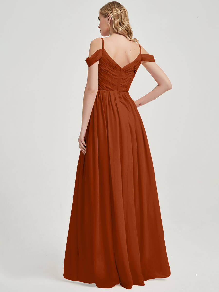 Elegant Burnt Orange Spaghetti Strap Pleated Chiffon Bridesmaid Dress - Perfect for Weddings, Formal Events & Special Occasions