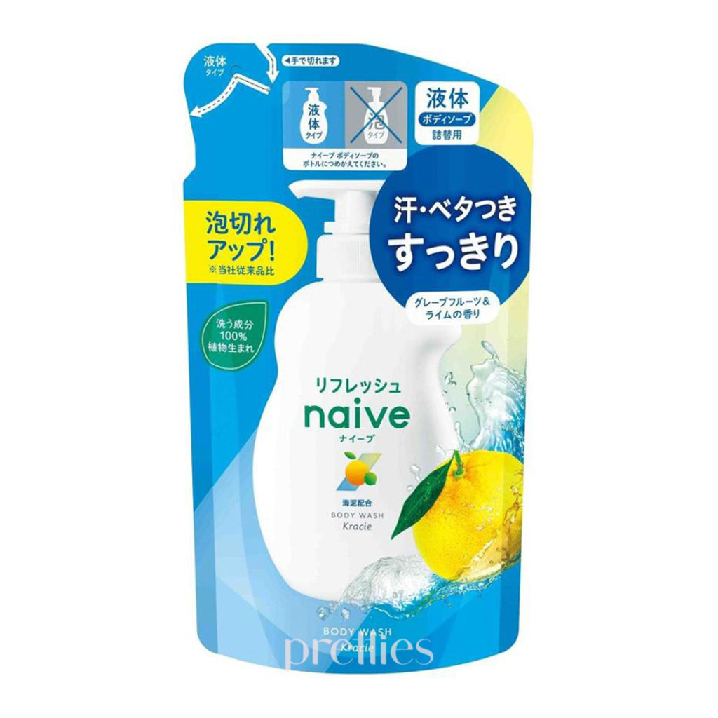 Kracie Naive Refresh Bubble Body Wash - Grapefruit Lime Scent, 360ml Refill Pack (163905) | Moisturizing & Refreshing Shower Gel for Daily Use, Spa-Like Bath Experience