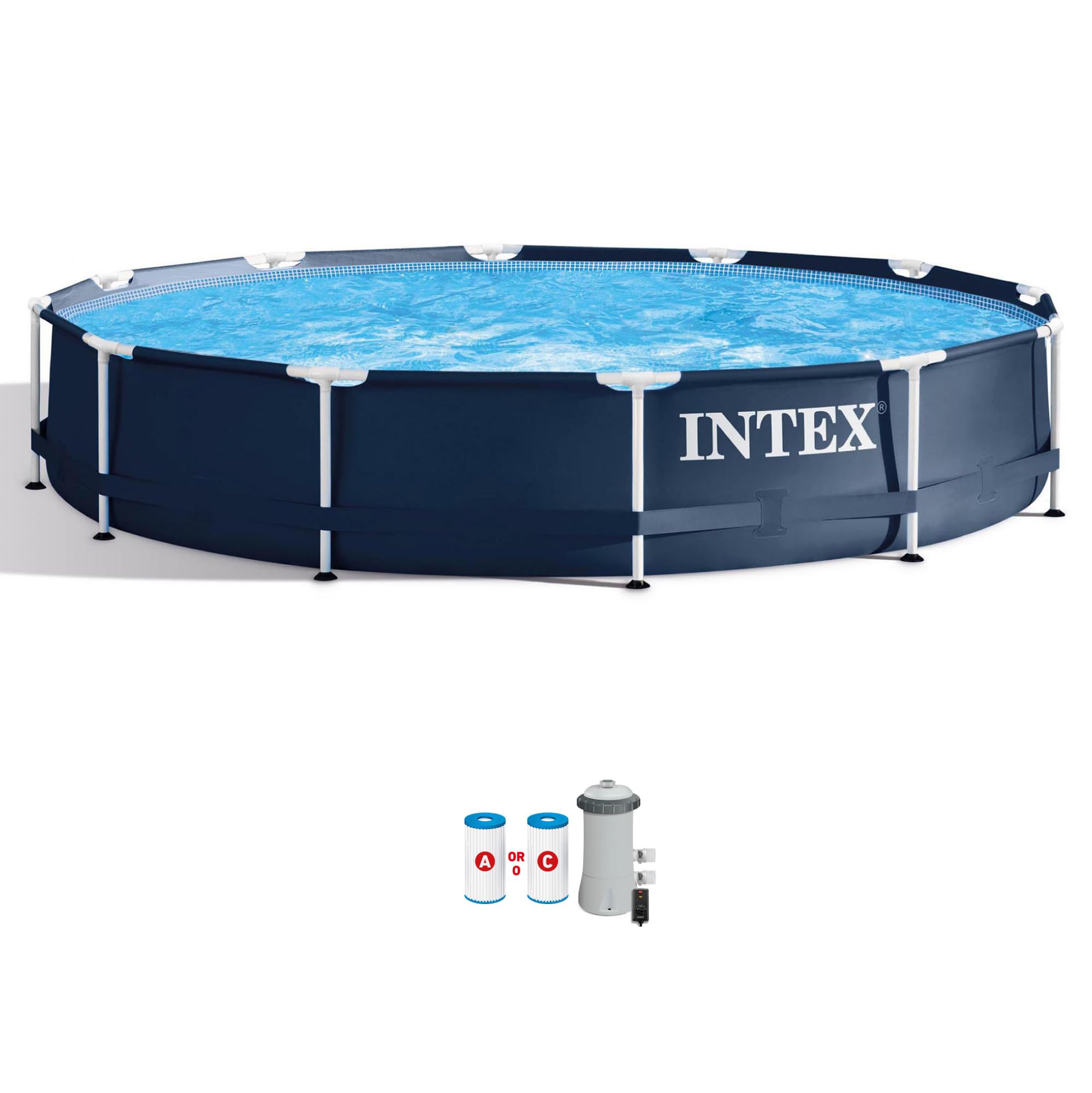 Intex 12ft x 30in Round Metal Frame Above Ground Swimming Pool with 530 GPH Filter Pump - Outdoor Backyard Family Pool for Summer Fun, Parties & Relaxation