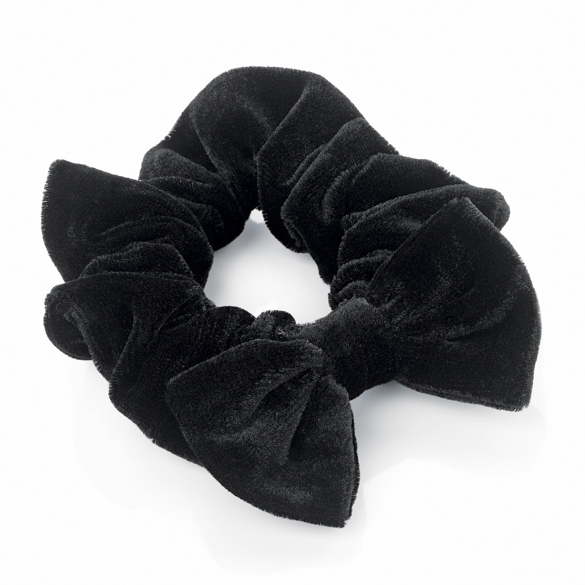 Black Velvet Hair Scrunchie with Bow Motif - Soft Elastic Hair Tie for Women, Girls, Ponytail, Bun, and Everyday Style
