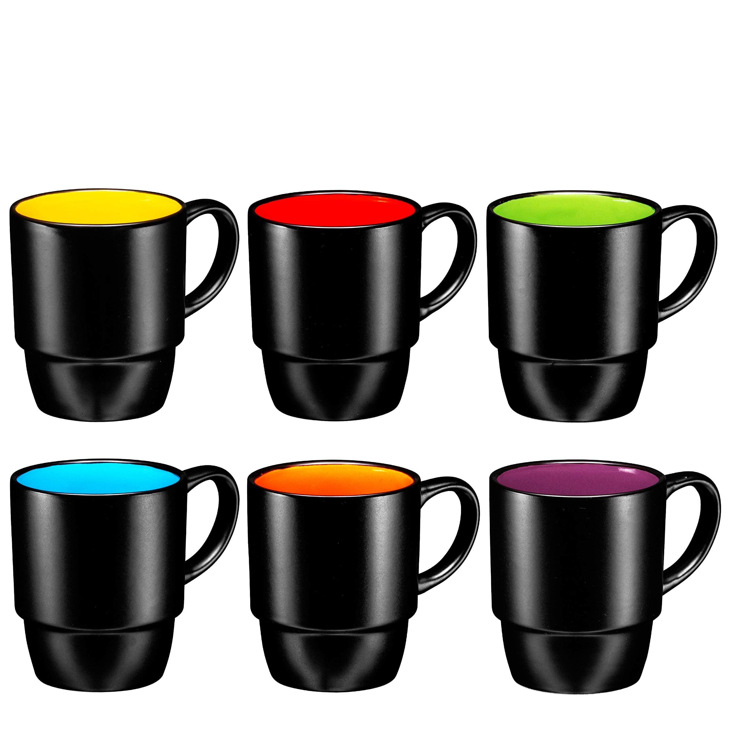 Premium Ceramic Stacking Coffee Mugs & Tea Cups Set of 6 - 18oz Large Capacity, Dishwasher & Microwave Safe, Matte Black - Perfect for Home, Office & Outdoor Use