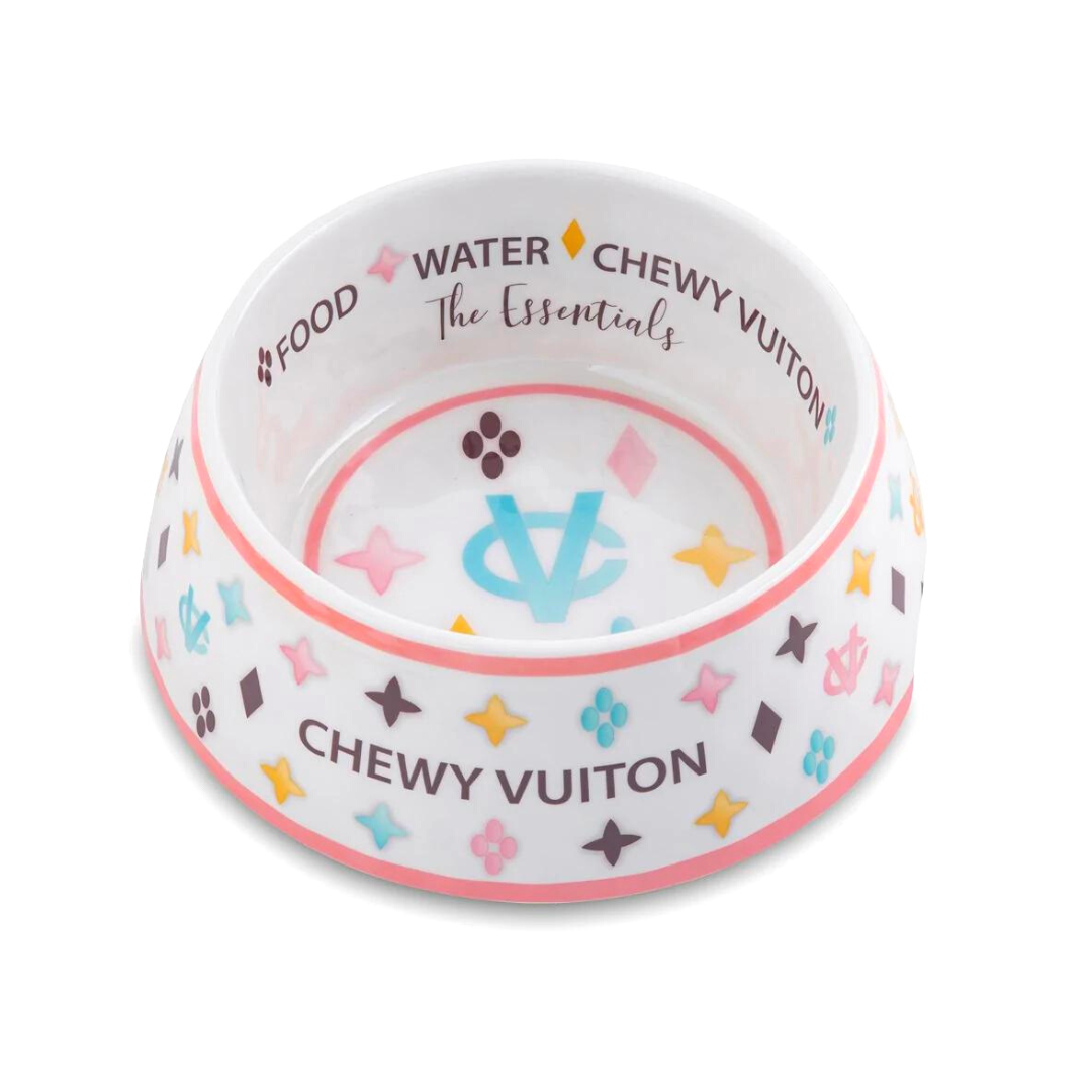 Premium White Chewy Vuitton-Style Dog Bowl - Durable Non-Slip Pet Food & Water Dish for Small, Medium & Large Dogs - Perfect for Home, Travel & Outdoor Use