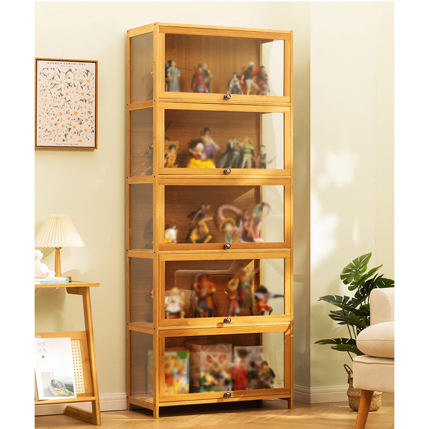 Modern Acrylic Display Cabinet with Flip Door - 5-Tier Glass Curio Shelf, Bamboo Storage Cabinet, Easy Assembly (27.56 Inch Length) - Perfect for Showcasing Collectibles, Jewelry & Home Decor