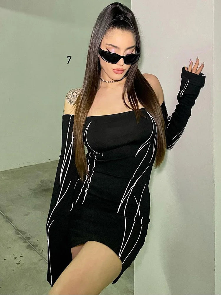 Asymmetrical Off Shoulder Bodycon Dress for Women - Sexy Striped Printed Club Party & Evening Dress - Perfect for Night Out, Date Night, and Gothic Fashion Events