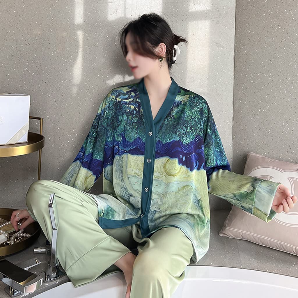 Premium Ice Silk Pajama Set for Women - Soft Long Sleeve Cardigan & Pants (Coral, Medium) | Spring/Fall Sleepwear | Cozy Loungewear for Home & Travel