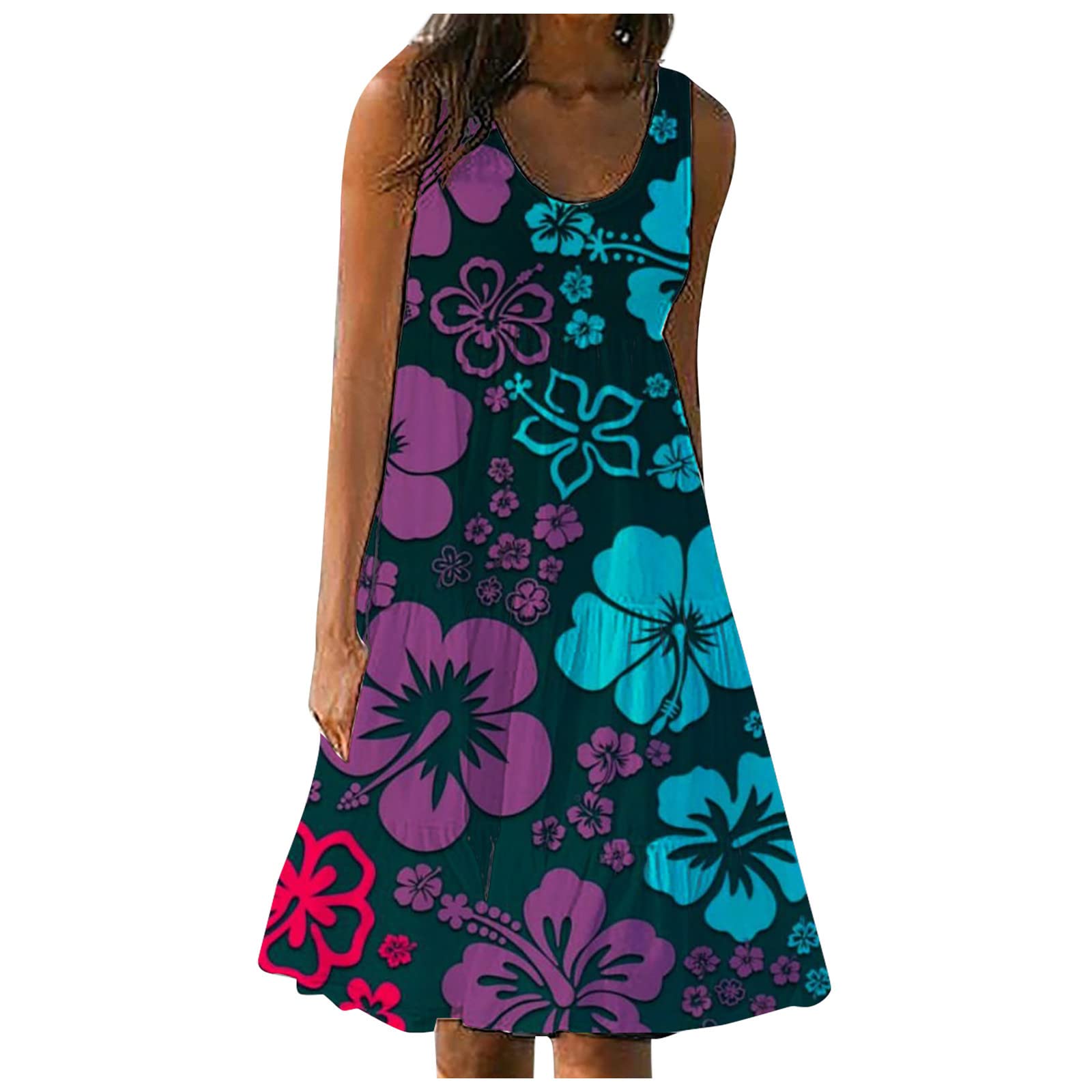 Women's Floral Print Summer Beach Dress - Sleeveless Round Neck Jersey Dress for Spring & Summer | Perfect for Vacations, Parties & Casual Outings