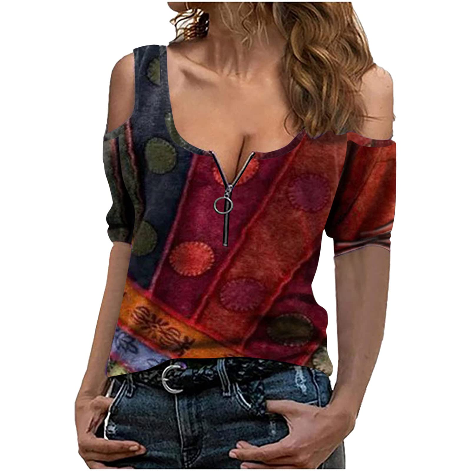 Women's V-Neck Long Sleeve Henley Shirt with Geometric Print and Button Details - Casual Pullover Blouse for Everyday Wear, Office, and Weekend Outings