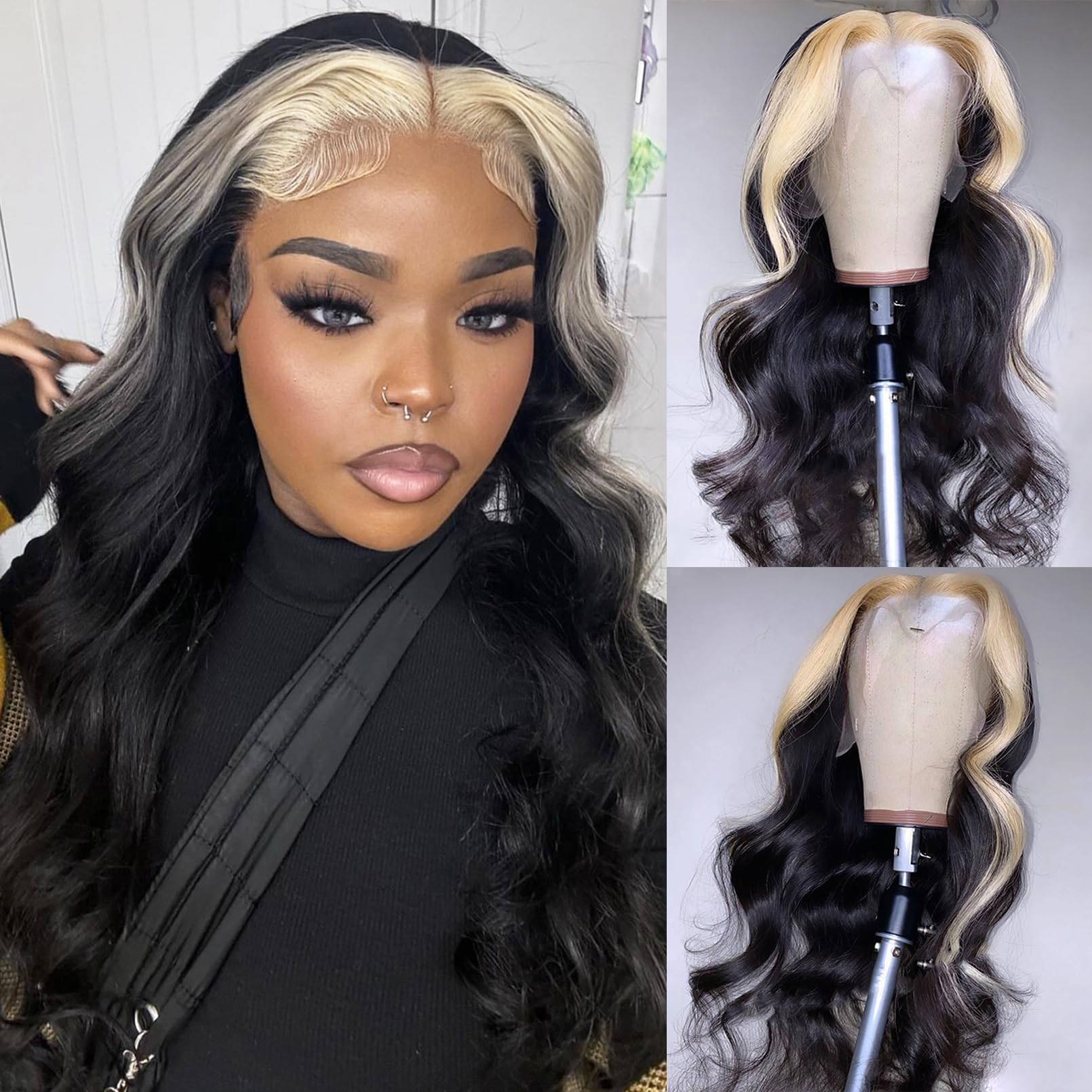 BLG 613 Skunk Striped Lace Front Human Hair Wigs - 180% Density Glueless Body Wave 22 Inch Blonde Skunk Stripe Wig with Baby Hair & Pre-Plucked Hairline | Perfect for Cosplay, Costume Parties & Daily Fashion Looks