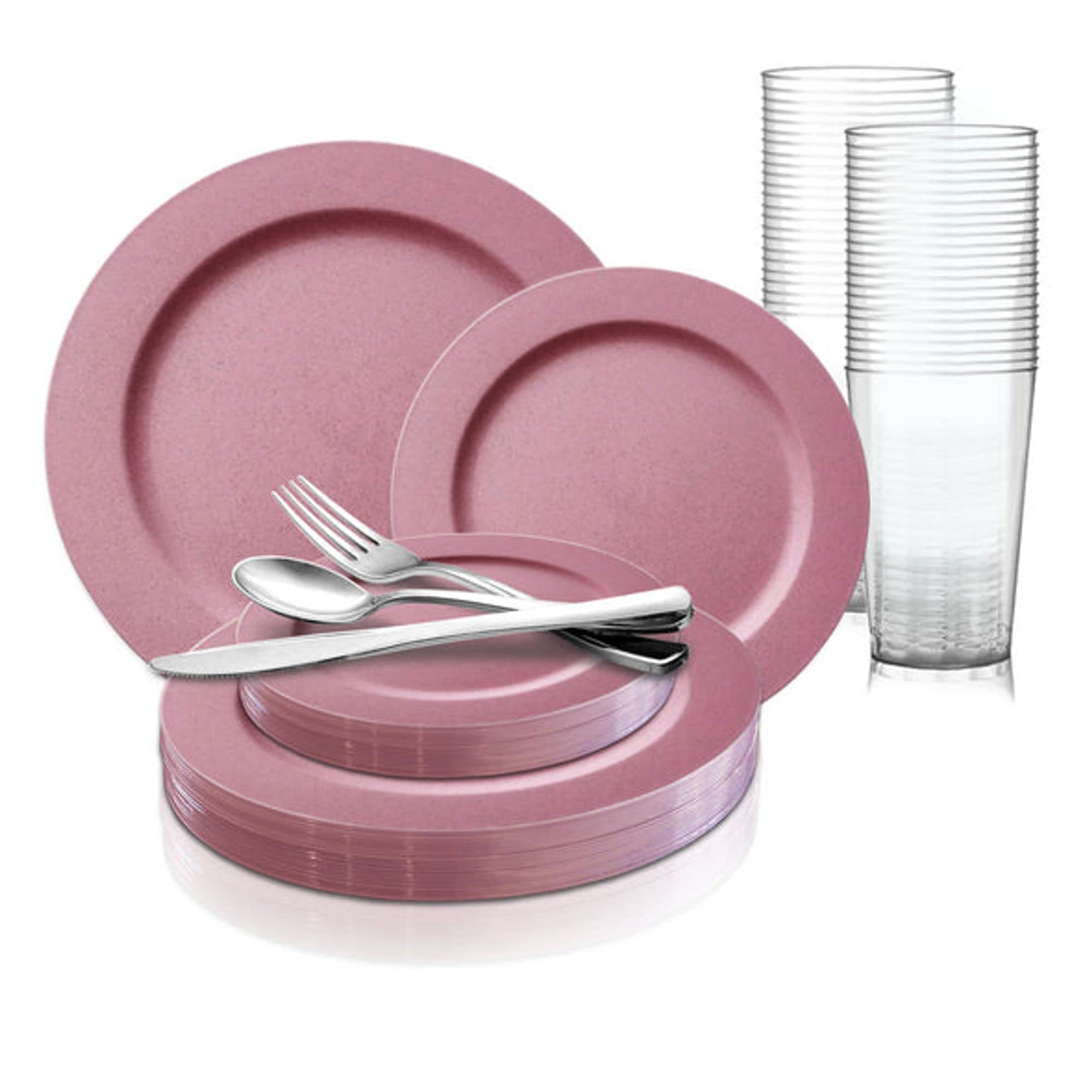 Elegant Disposable Plastic Party Dinnerware Set - Matte Dinner Plates, Salad Plates, Cutlery (Spoons, Forks, Knives) & Cups Bulk Pack (60-Person, Fuchsia) for Weddings, Birthdays, Baby Showers & Special Events
