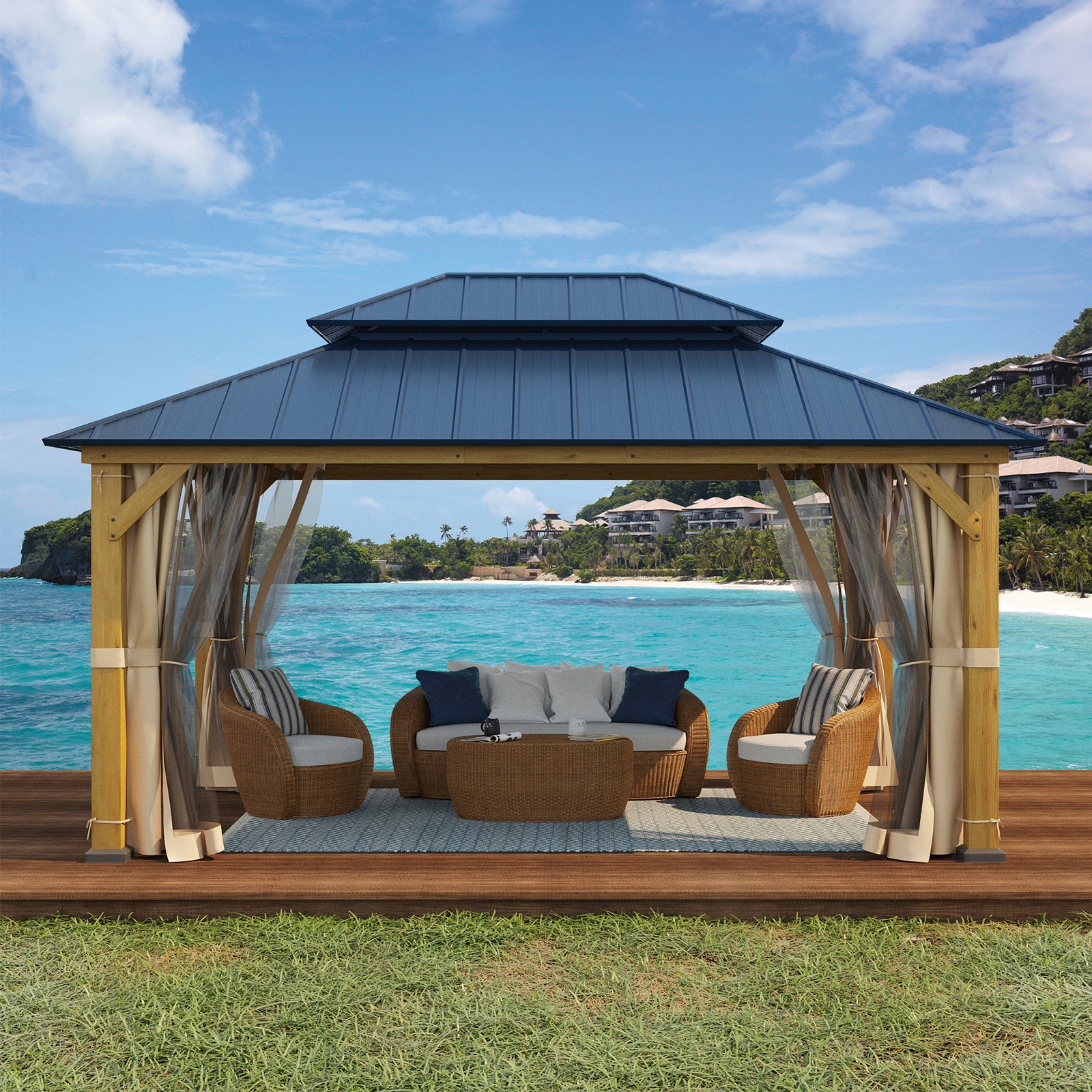 12' x 16' Hardtop Gazebo with Cedar Wood Frame & Powder Coated Metal Roof - Outdoor Patio, Garden, Backyard Canopy for Parties & Relaxation
