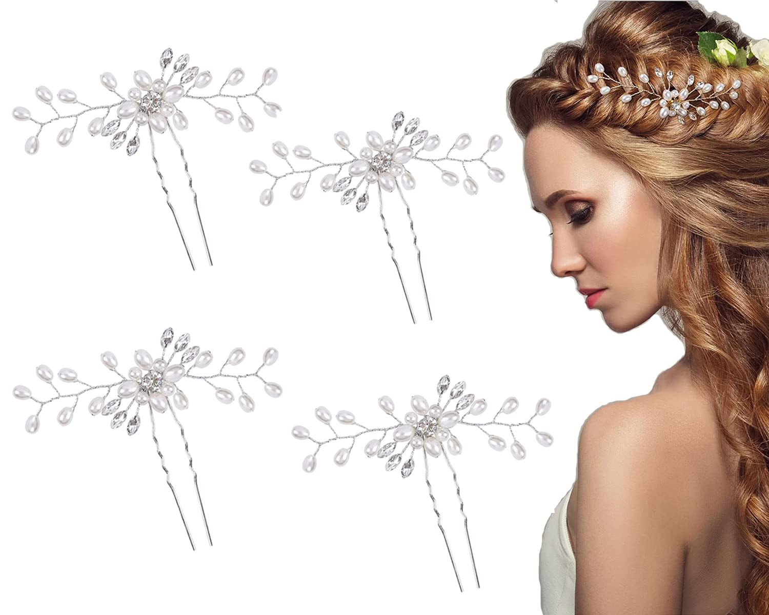 Elegant Pearl Rhinestone Hair Pins for Wedding & Bridesmaid - 4pcs Bridal Hair Accessories Set for Women & Girls - Perfect for Bridal Shower, Prom & Formal Events