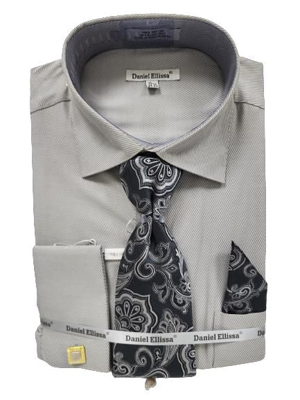 DANIEL ELLISSA Men's Dress Shirt with Twill All Over Collar & French Cuffs - DS3828P2 Grey | Formal Office Wear & Business Attire