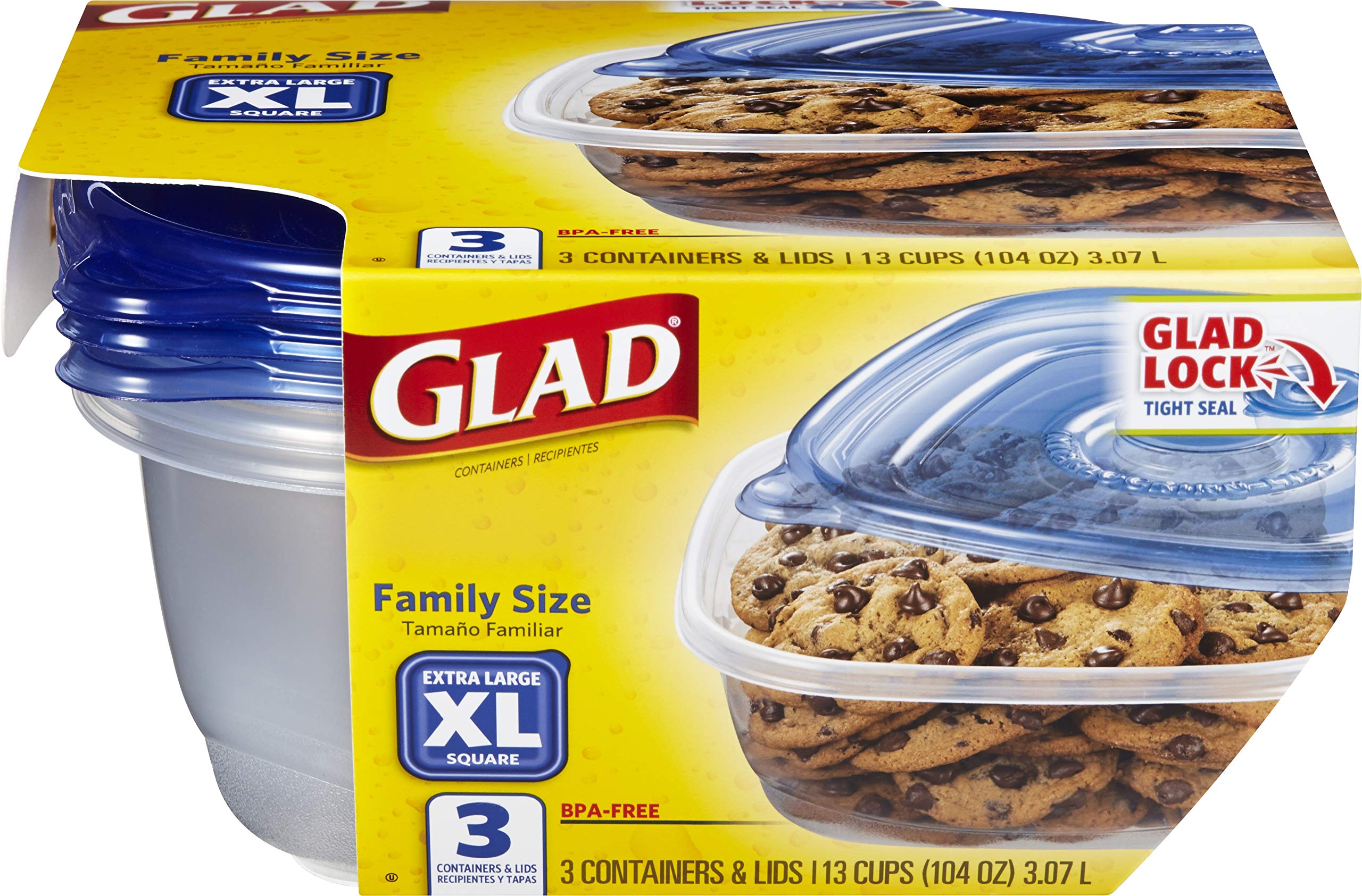 GladWare Family Size Food Storage Containers - XL Square BPA-Free Plastic Containers (3-Pack) | Holds 104oz for Meal Prep, Leftovers & Bulk Food Storage | Perfect for Kitchen Organization & Picnics