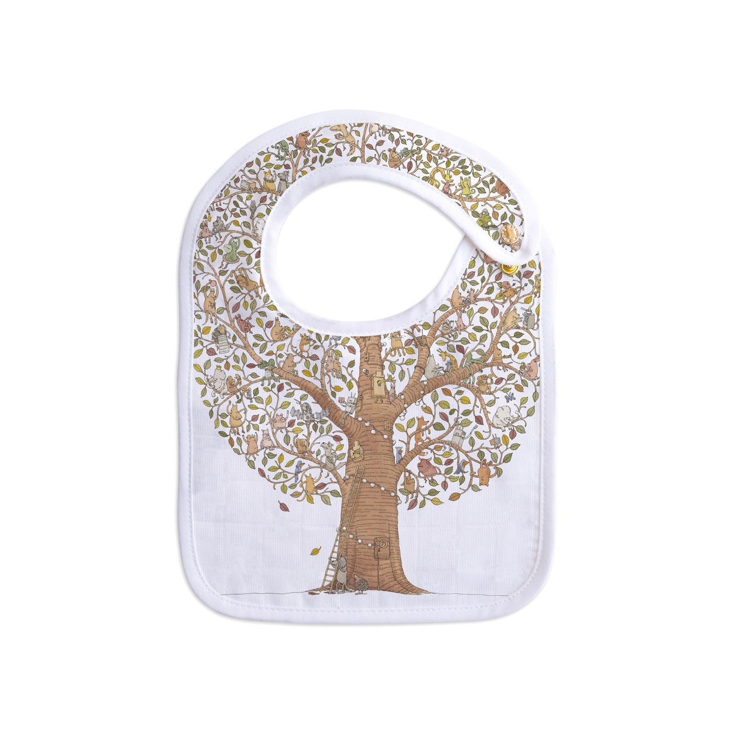Atelier Choux Small Baby Bib with Gold Snaps - Friends & Family Tree Design - Soft & Absorbent for Mealtime, Travel & Playtime
