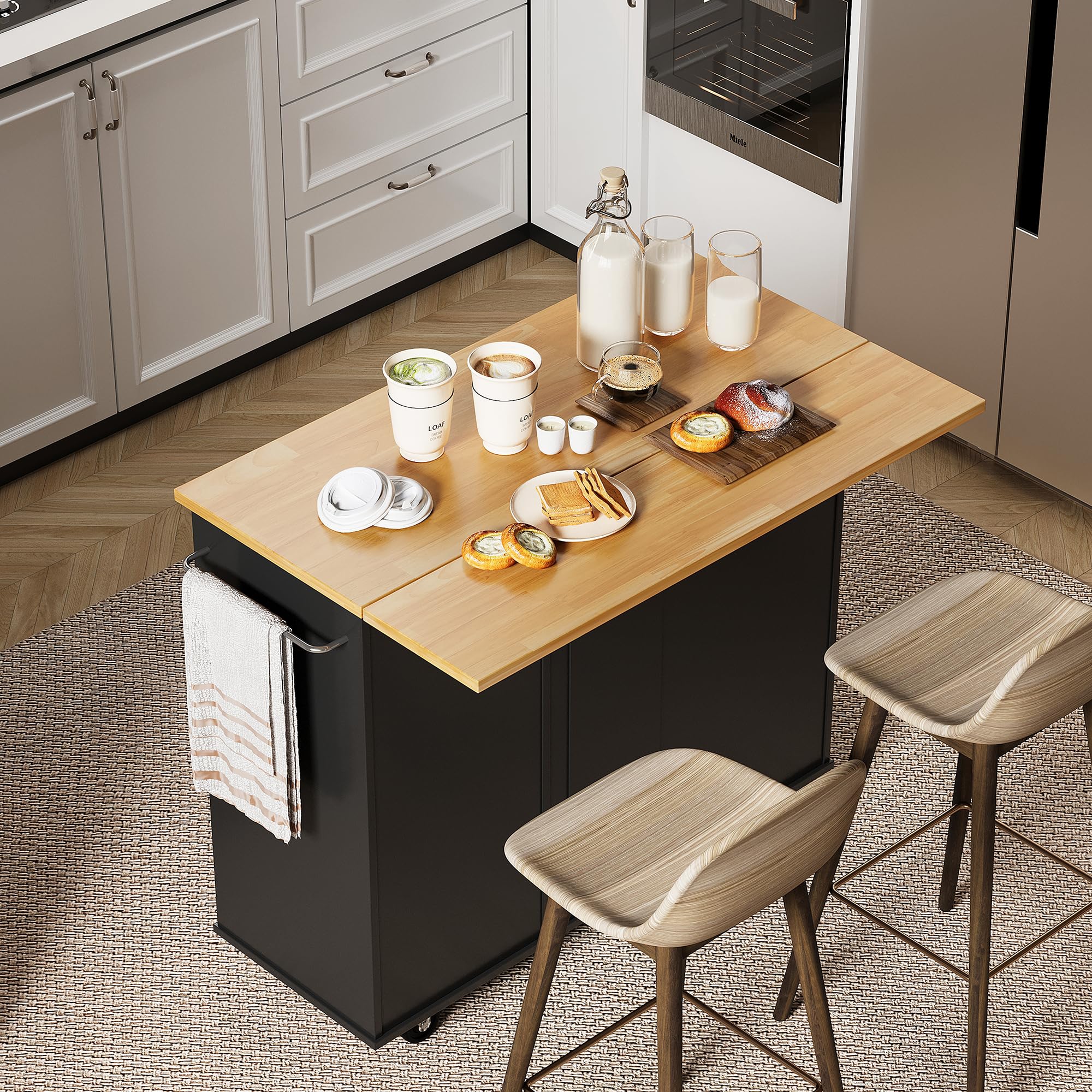 Shintenchi Rolling Kitchen Island Cart with Folding Drop Leaf Breakfast Bar - Portable Trolley with Large Storage Cabinet, Shelf & Drawer - Black - Perfect for Small Kitchens, Breakfast Nooks & Entertaining Guests