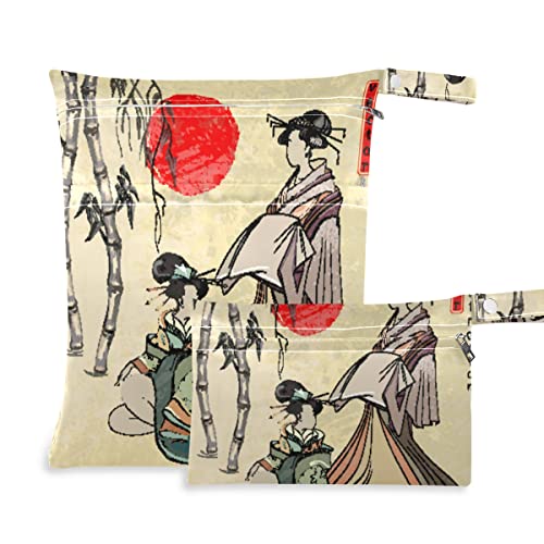 Japanese Geisha Style Reusable Waterproof Wet Dry Bag - 2 Zippered Pockets for Diapers, Swimsuits & Toiletries - Perfect for Pool, Beach, Travel & Baby Care Essentials Organization