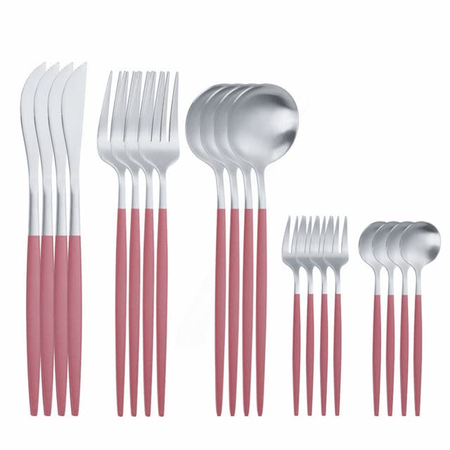 Premium 20-Piece Stainless Steel Silverware Set - Matte White Gold Cutlery for Dining (Forks, Spoons, Knives) | Elegant Pink Silver Finish | Durable Kitchen & Tableware for Restaurants, Dinner Parties & Home Use
