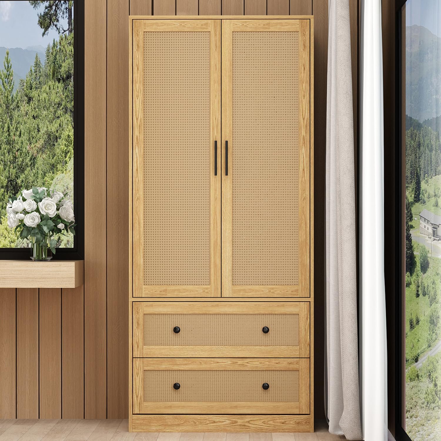 Hitow Rattan Wardrobe Armoire Closet - 2 Door Woven Storage Cabinet with 2 Drawers & Hanging Rod, Natural Rattan Dresser for Bedroom Organization (31.4