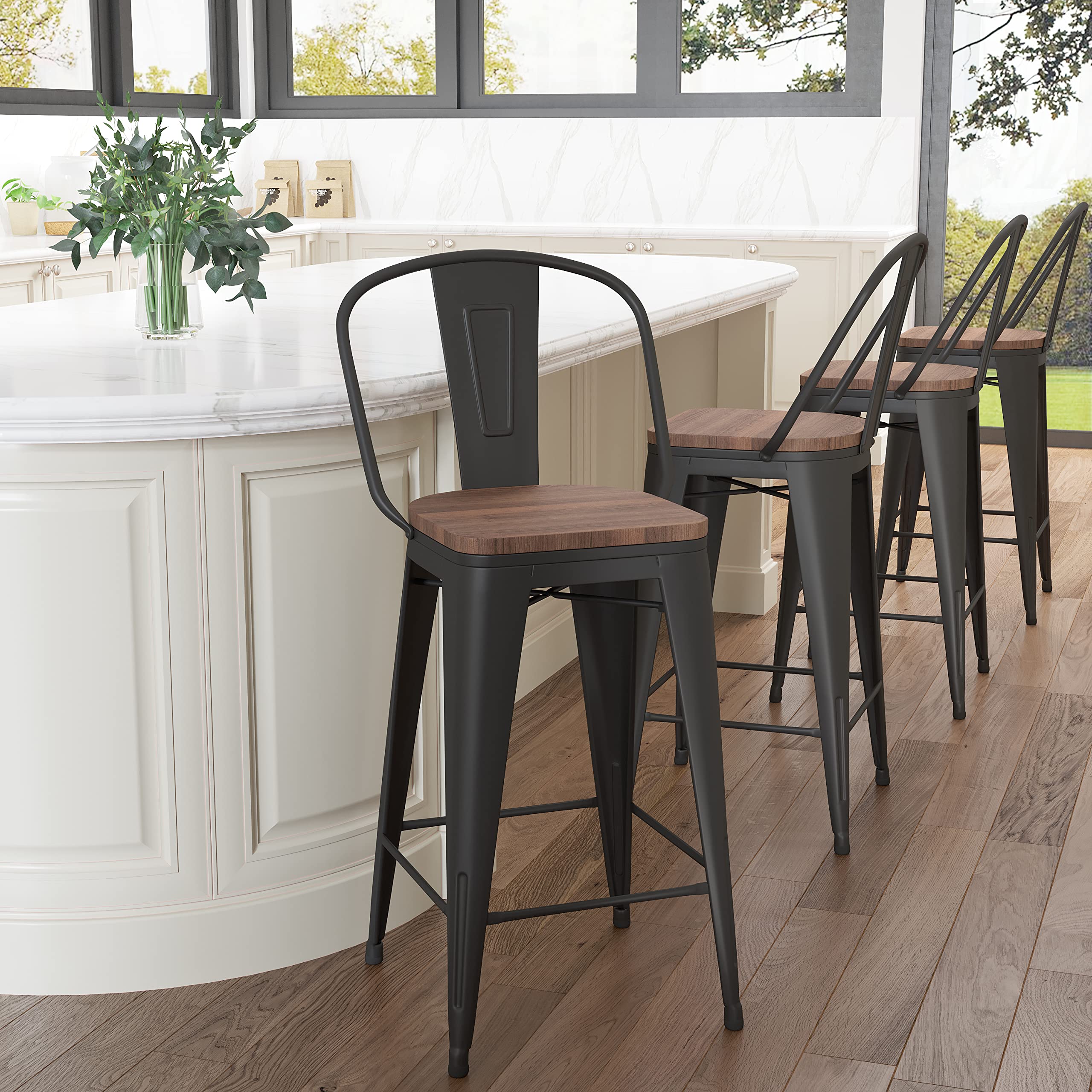 Aklaus 30 Inch Metal Bar Stools Set of 4 - Matte Black Modern Bar Height Stools with Backs & Larger Seat - Farmhouse Style Kitchen Dining Chairs for Home, Restaurant & Bar Use