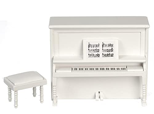 White Miniature Piano and Bench Set for Dollhouse - Handcrafted 1:12 Scale Model - Perfect for Dollhouse Decor, Collectors, and DIY Miniature Projects
