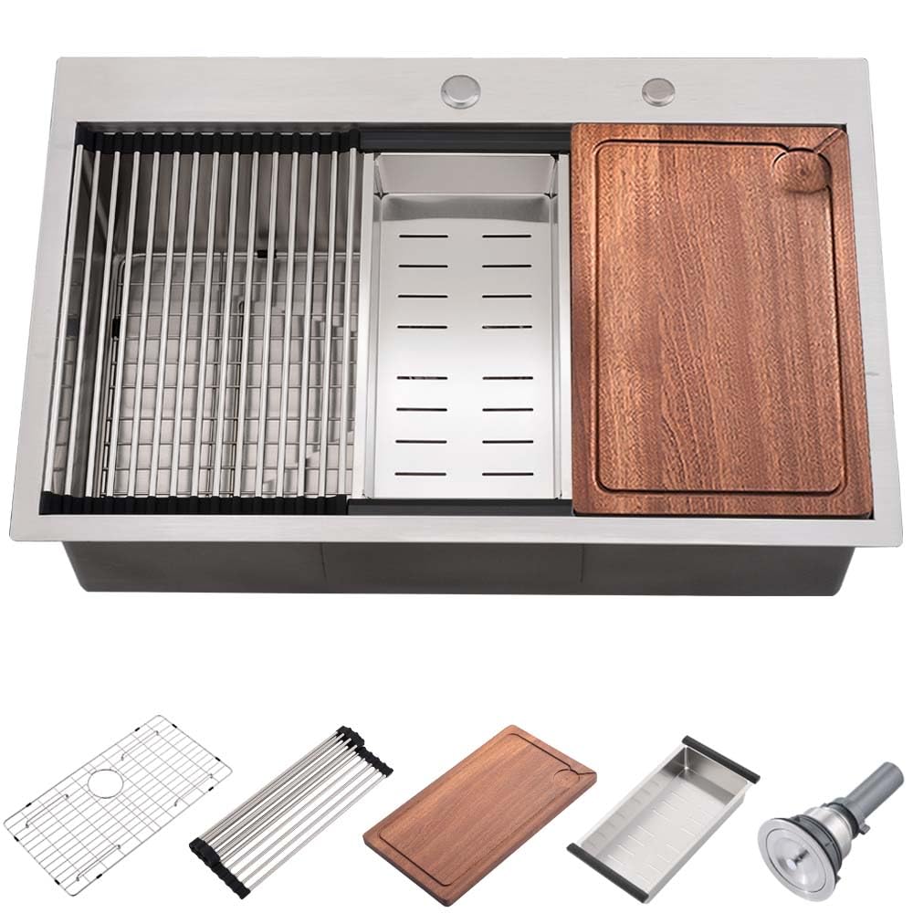 31x20 Inch Stainless Steel Single Bowl Drop-In Kitchen Sink Workstation - 16 Gauge Handmade Topmount Sink with Cutting Board | Perfect for Food Prep, Dishwashing & Small Kitchen Spaces
