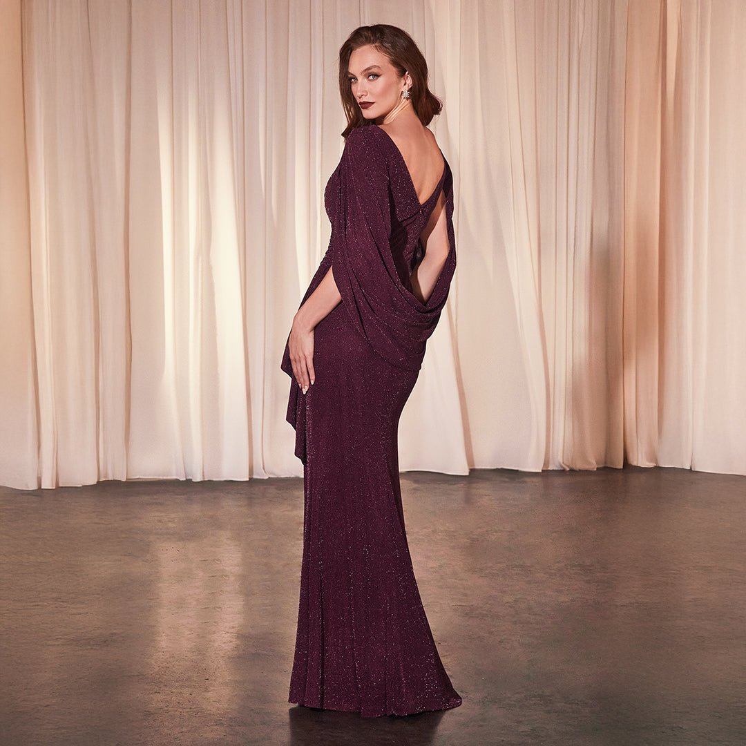 Ladivine by Cinderella Divine Wine Sparkle Cape Slit Bridesmaid Dress - Elegant Formal Gown for Weddings, Prom & Evening Events
