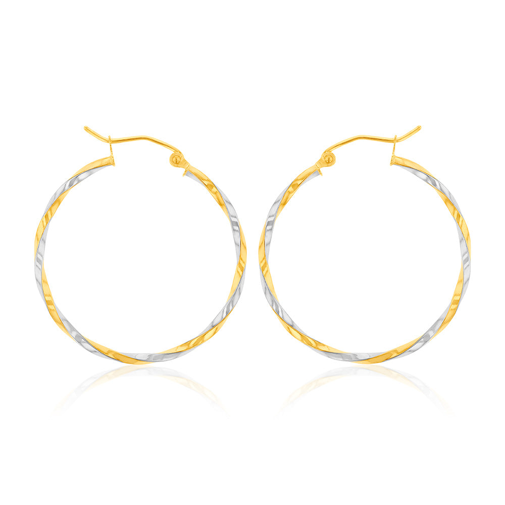 9ct Two Tone Gold High Polish Twist Hoop Earrings for Women - Elegant Fashion Jewelry for Parties, Weddings & Everyday Wear