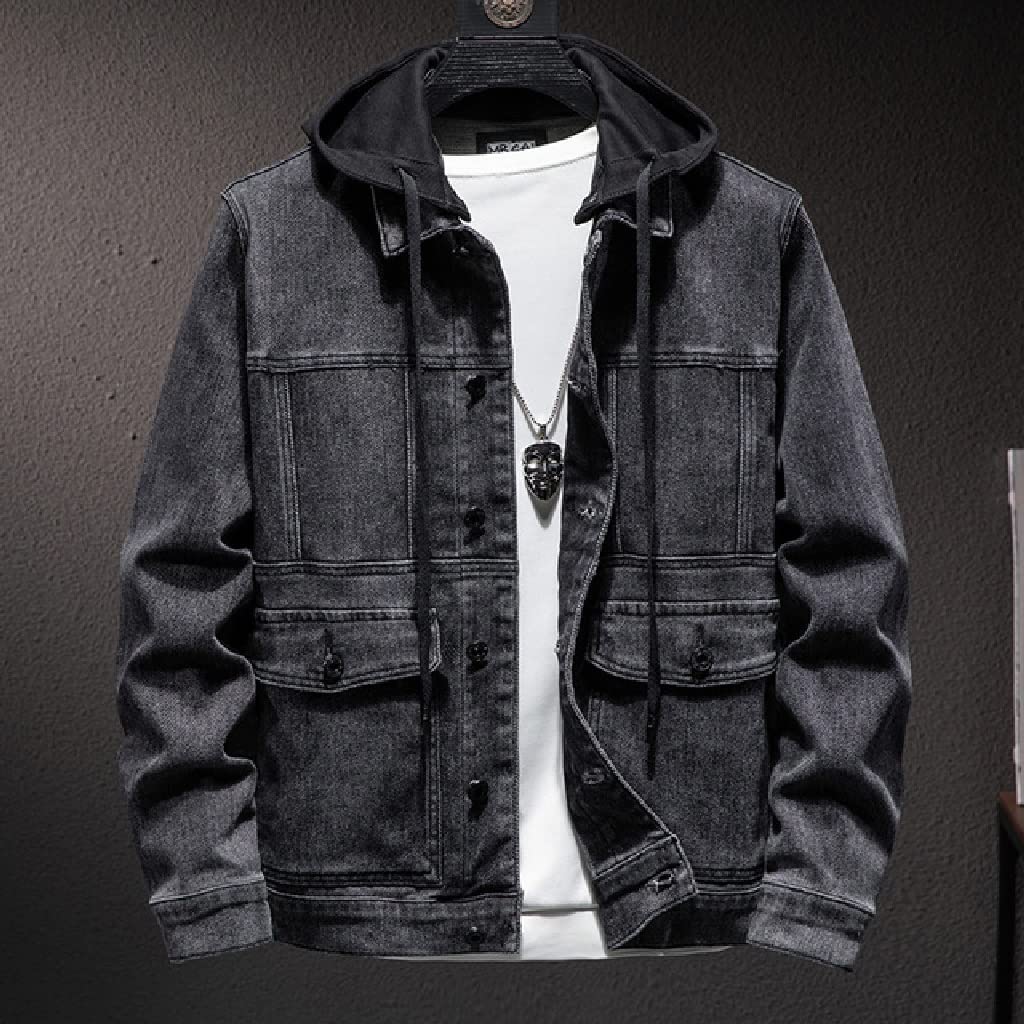 Men's Slim Fit Hooded Denim Jacket for Spring & Autumn - Dark Grey Casual Cowboy Style Coat | Youth Fashion Outerwear | Perfect for Daily Wear, Outdoor Activities & Street Style