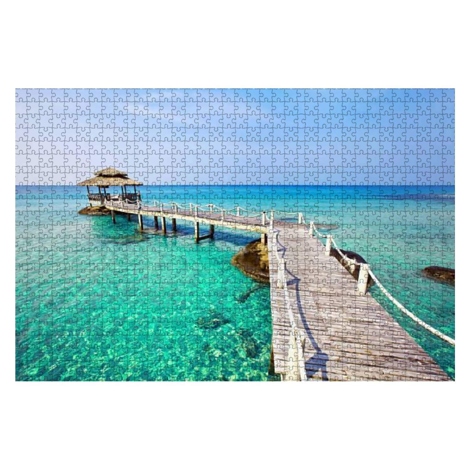 1000-Piece Wooden Jigsaw Puzzle - Tropical Beach Pier & Gazebo on Clear Blue Water | Fun & Educational Puzzle for Kids & Adults | Stress Relief & Family Game Night Activity