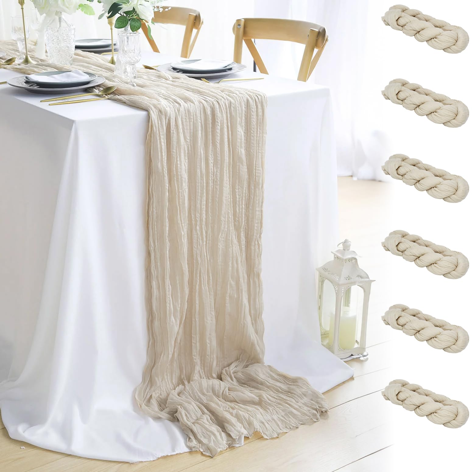 6 Pack 10Ft Beige Cheesecloth Table Runner 35x120 Inch Gauze Table Runner - Rustic Wedding Decor, Gender Reveal Party, Tea Party & Boho Home Decor - Perfect for Farmhouse Tables, Bridal Showers & Outdoor Events