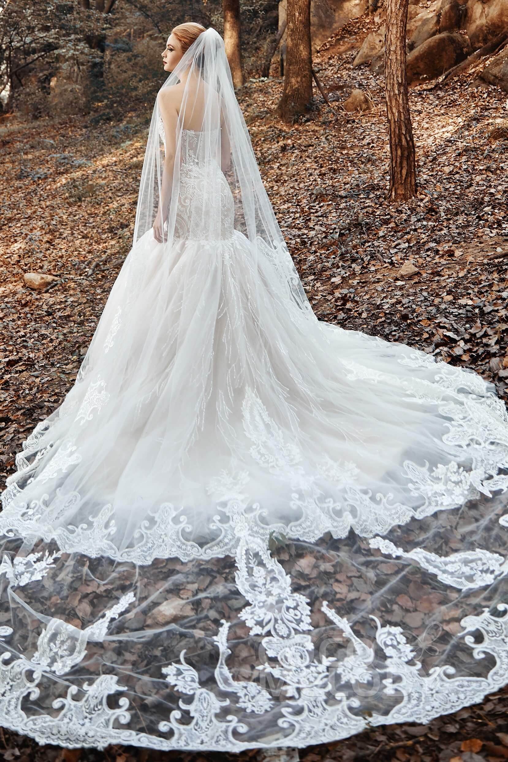 Elegant One-Tier Lace Tulle Cathedral Wedding Veil with Appliques & Beading (CV0183) - Perfect for Bridal Ceremonies, Photos & Formal Occasions