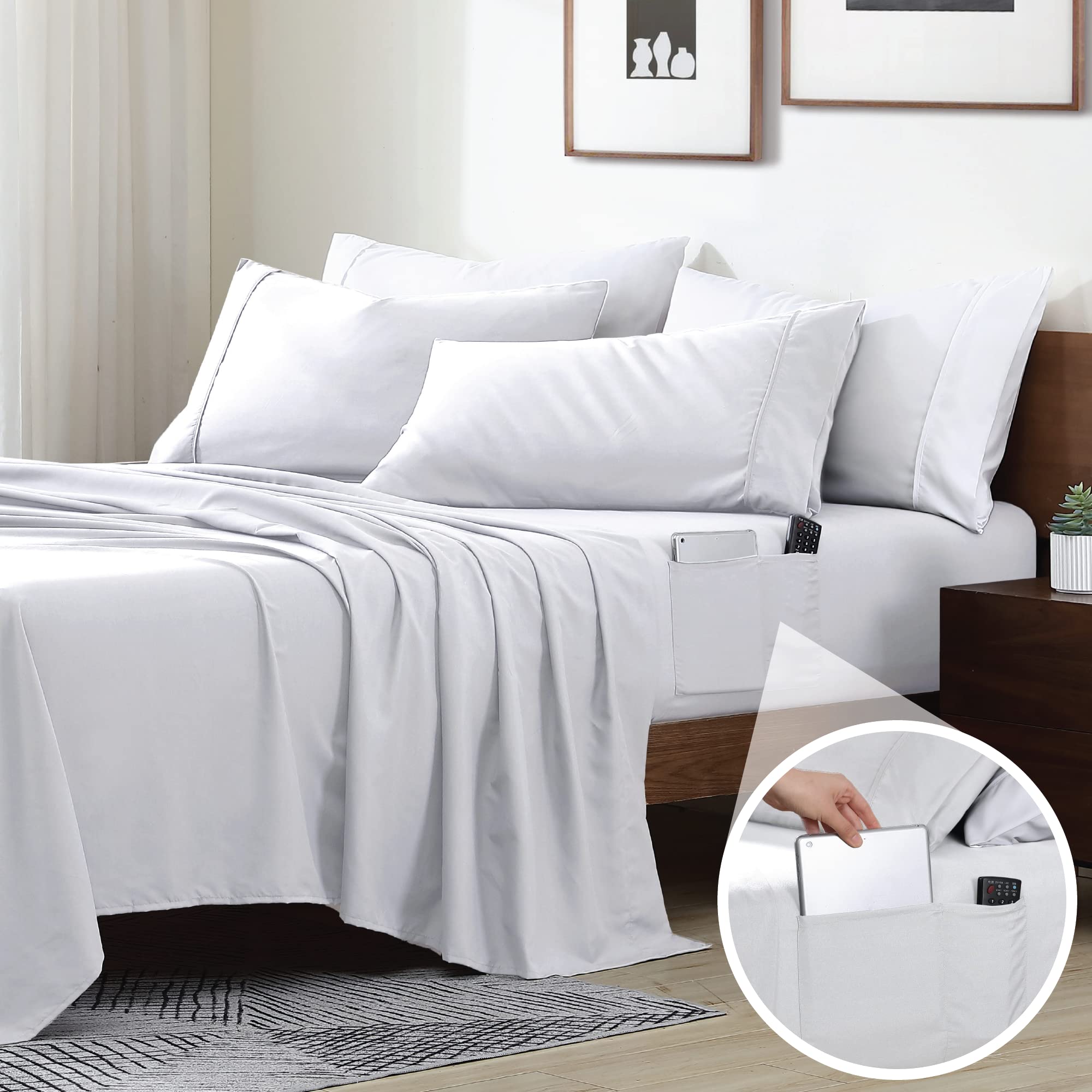 Swift Home Smart Sheets - Ultra Soft Brushed Microfiber 4-Piece Bed Sheet Set with Side Storage Pockets, King Size, White | Perfect for Smart Home, Guest Room & Dormitory Bedding