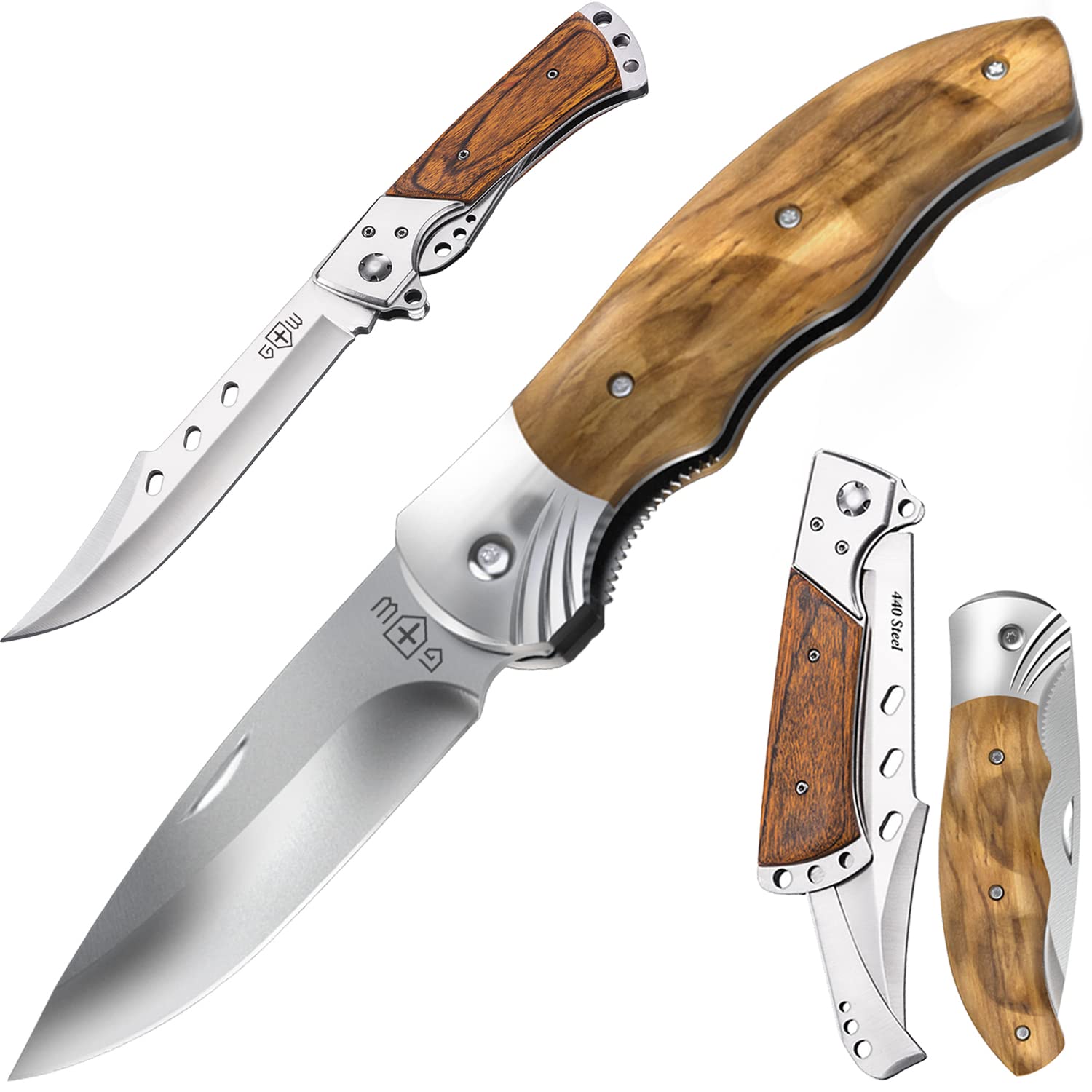GRAND WAY 2-Pack Rosewood Handle Hunting Folding Knife - Premium Gentleman's Pocket Knife with Sharp Blade - Best Camping & Outdoor EDC Knife for Men - Perfect for Hiking, Survival & Everyday Carry