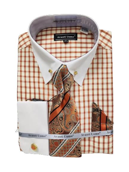 AVANTI UOMO Men's White Window Pane Dress Shirt with Stone Collar Bar - Formal Business Attire for Office, Wedding & Special Occasions