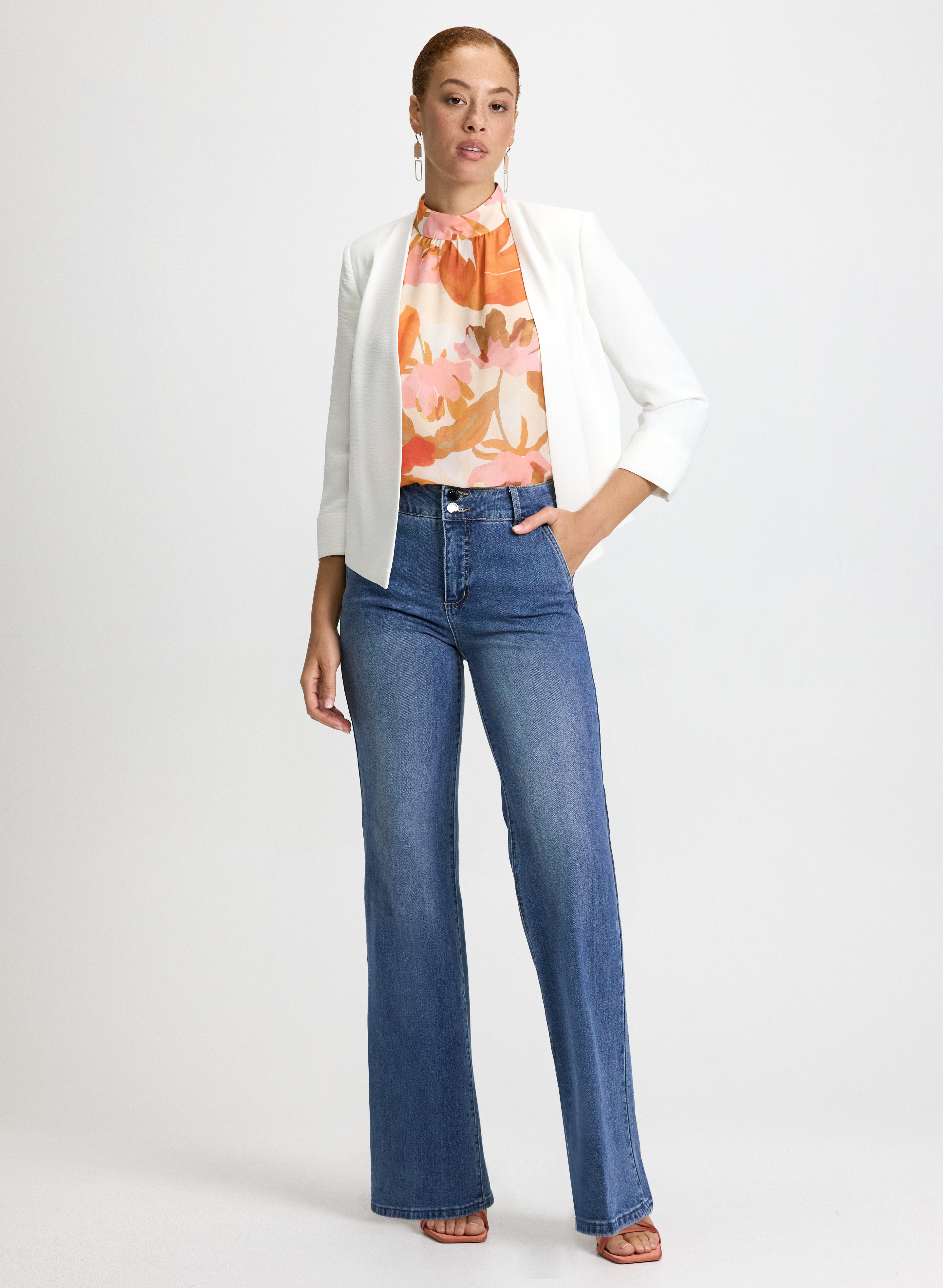 Cropped Open Front Jacket & Flared Denim Pants Set - Women's Fashion Outfit for Casual Wear, Street Style & Spring Outings