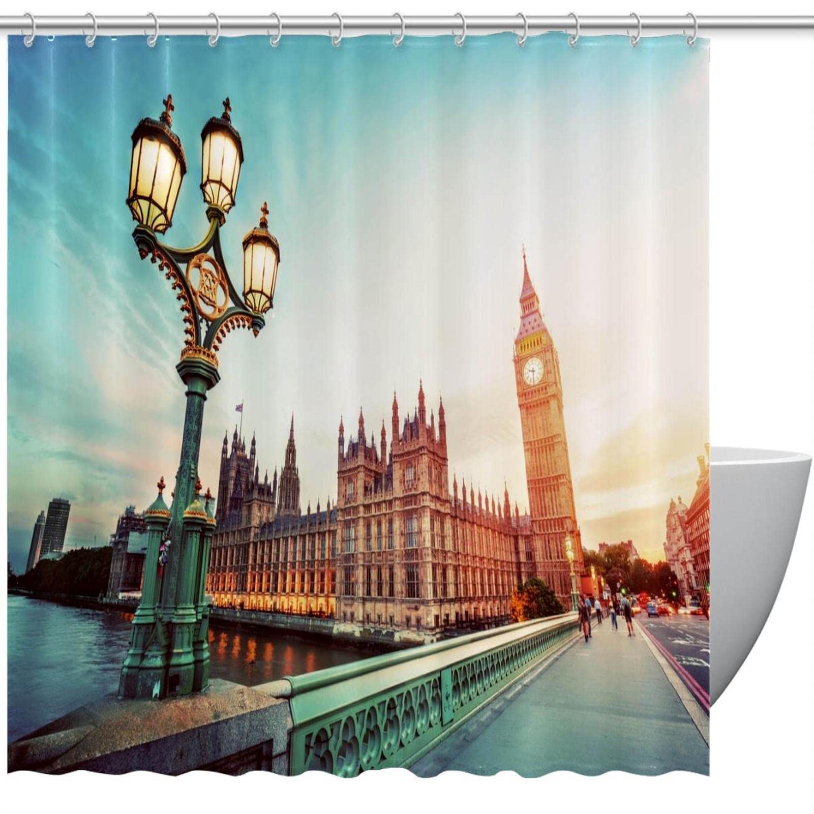 Big Ben Westminster Bridge London Shower Curtain - Washable Waterproof Bathroom Decor with 12 Hooks, 60x72 Inches - Perfect for UK Themed Bathrooms & Travel Lovers