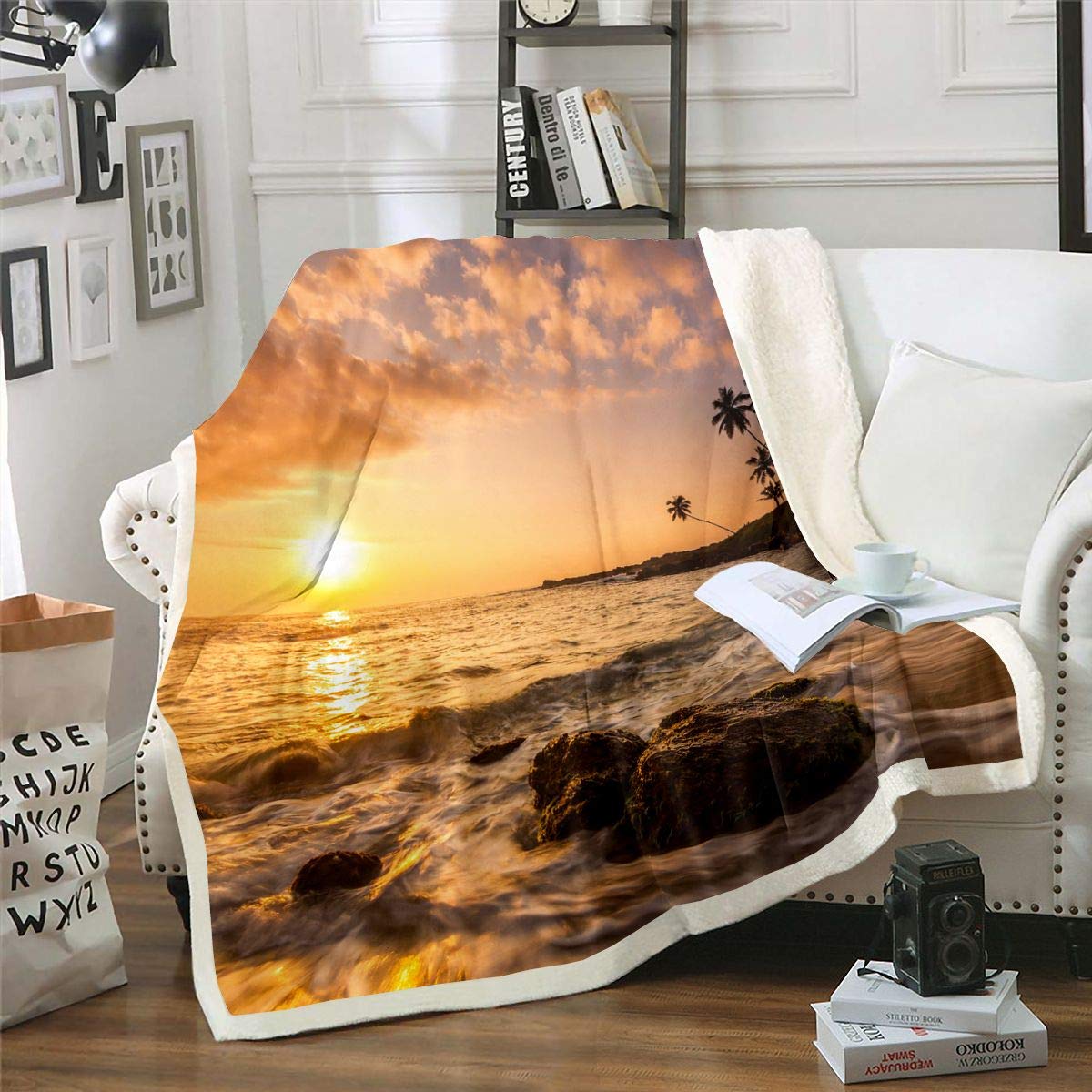 Ocean Themed Sherpa Fleece Throw Blanket - Sunrise Beach Print Soft Plush Blanket 87x95 Inches for Bed, Couch & Home Decor - Perfect for Coastal Living Rooms, Beach House Decor & Cozy Winter Nights